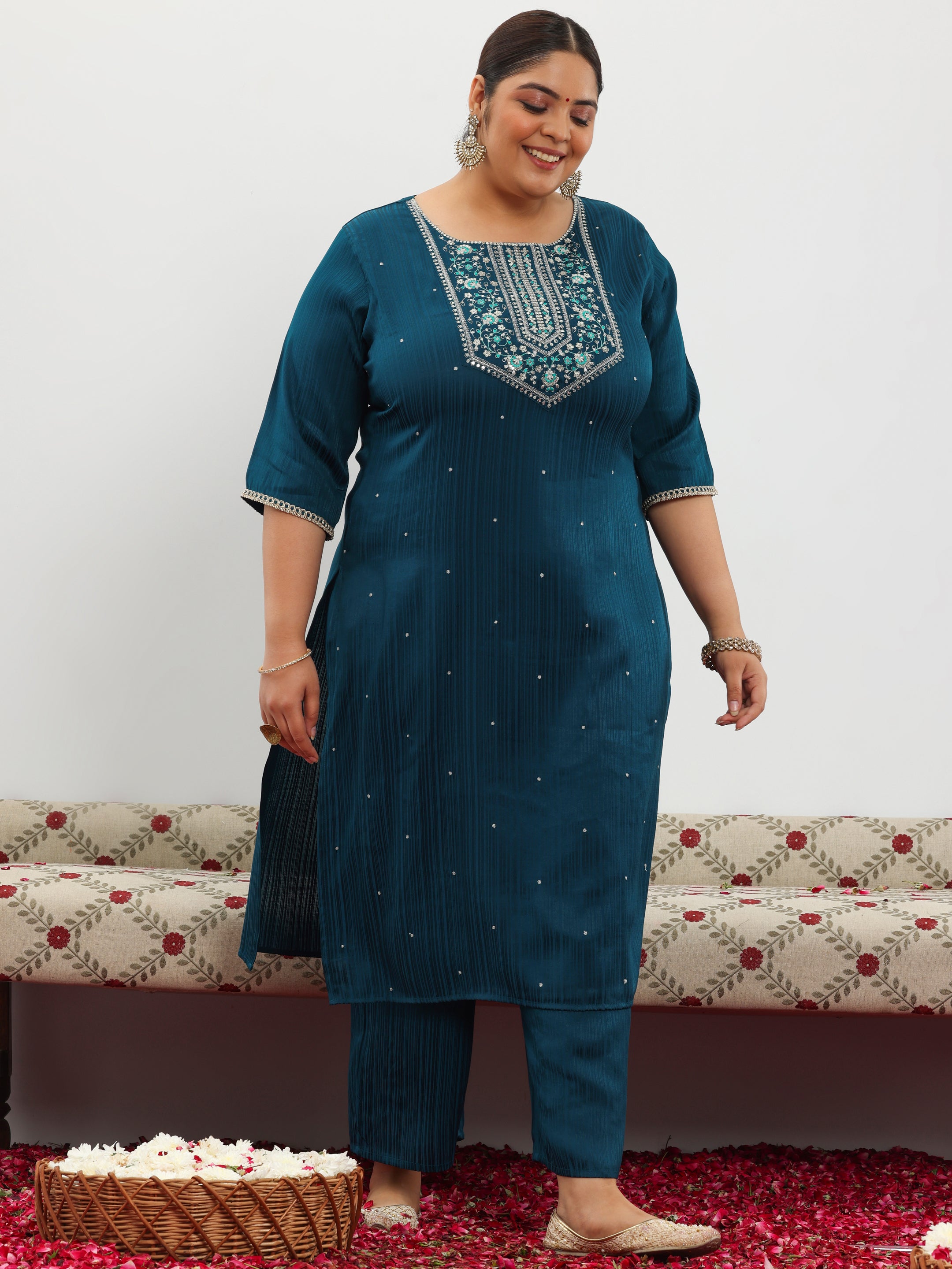 Plus Size Blue Embroidered Silk Blend Straight Kurta Set