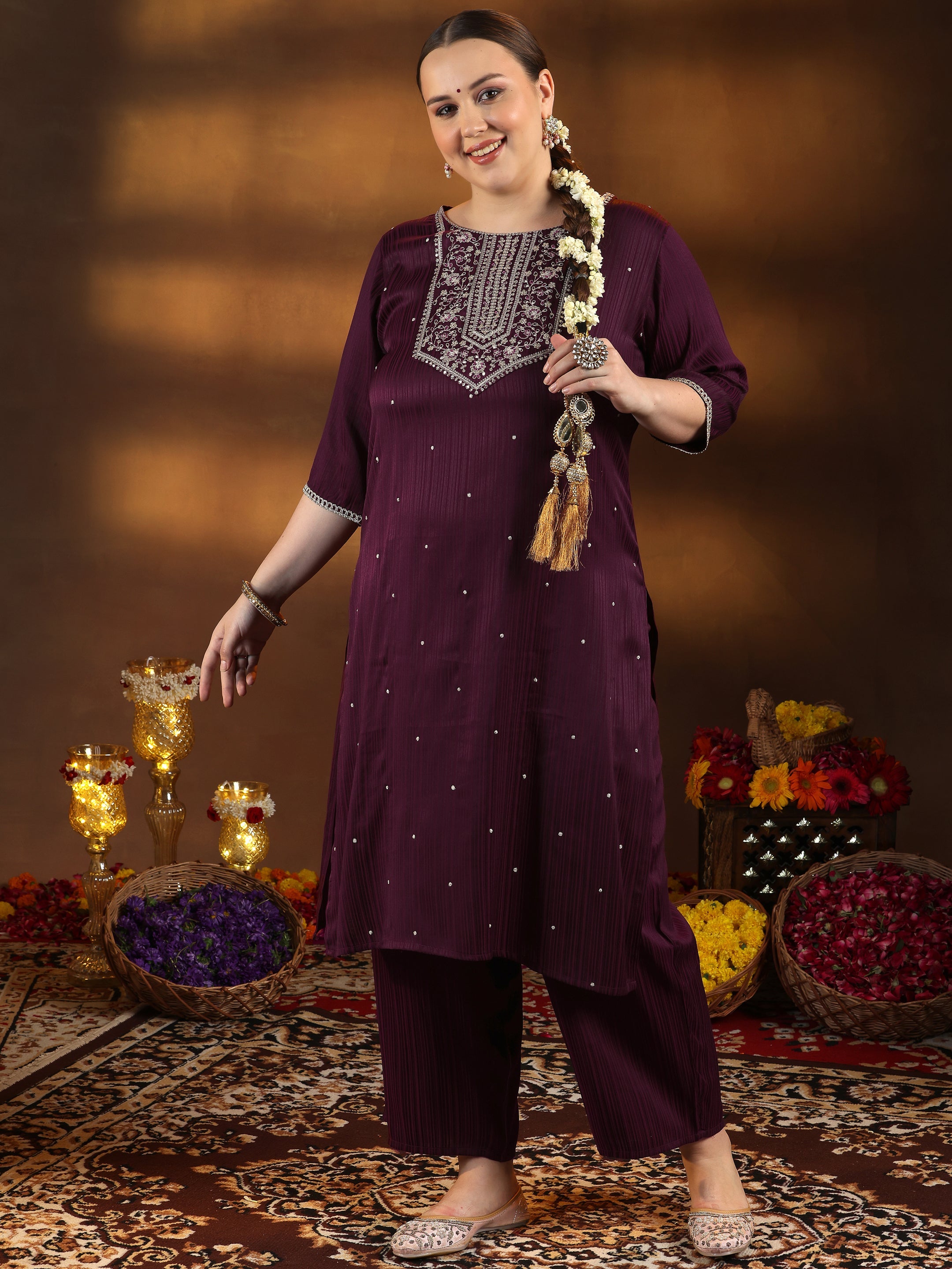 Plus Size Maroon Embroidered Silk Blend Straight Kurta Set