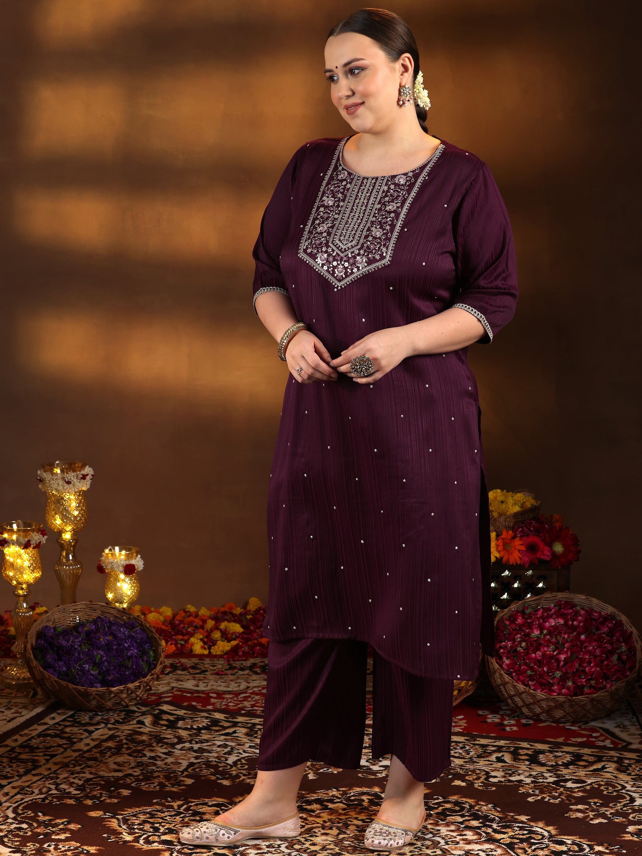 Plus Size Maroon Embroidered Silk Blend Straight Kurta Set