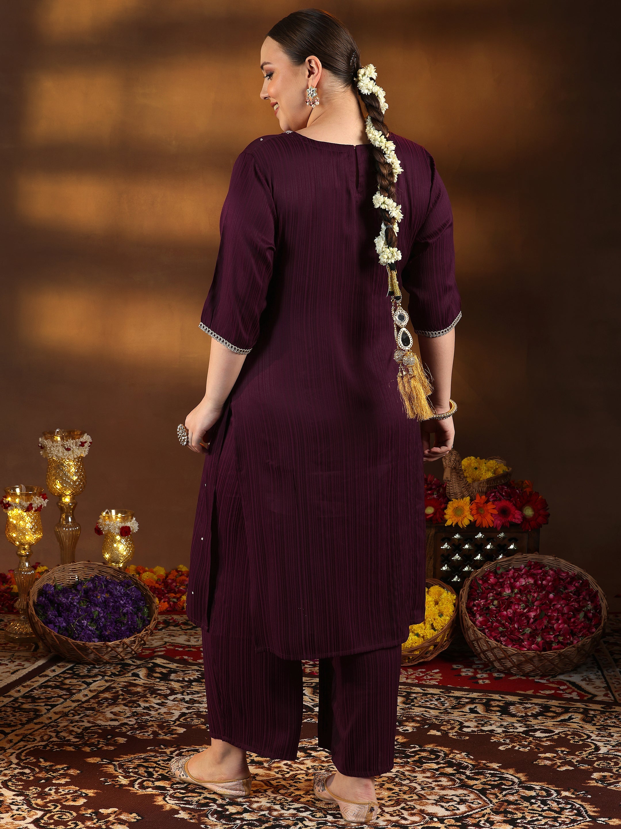 Plus Size Maroon Embroidered Silk Blend Straight Kurta Set