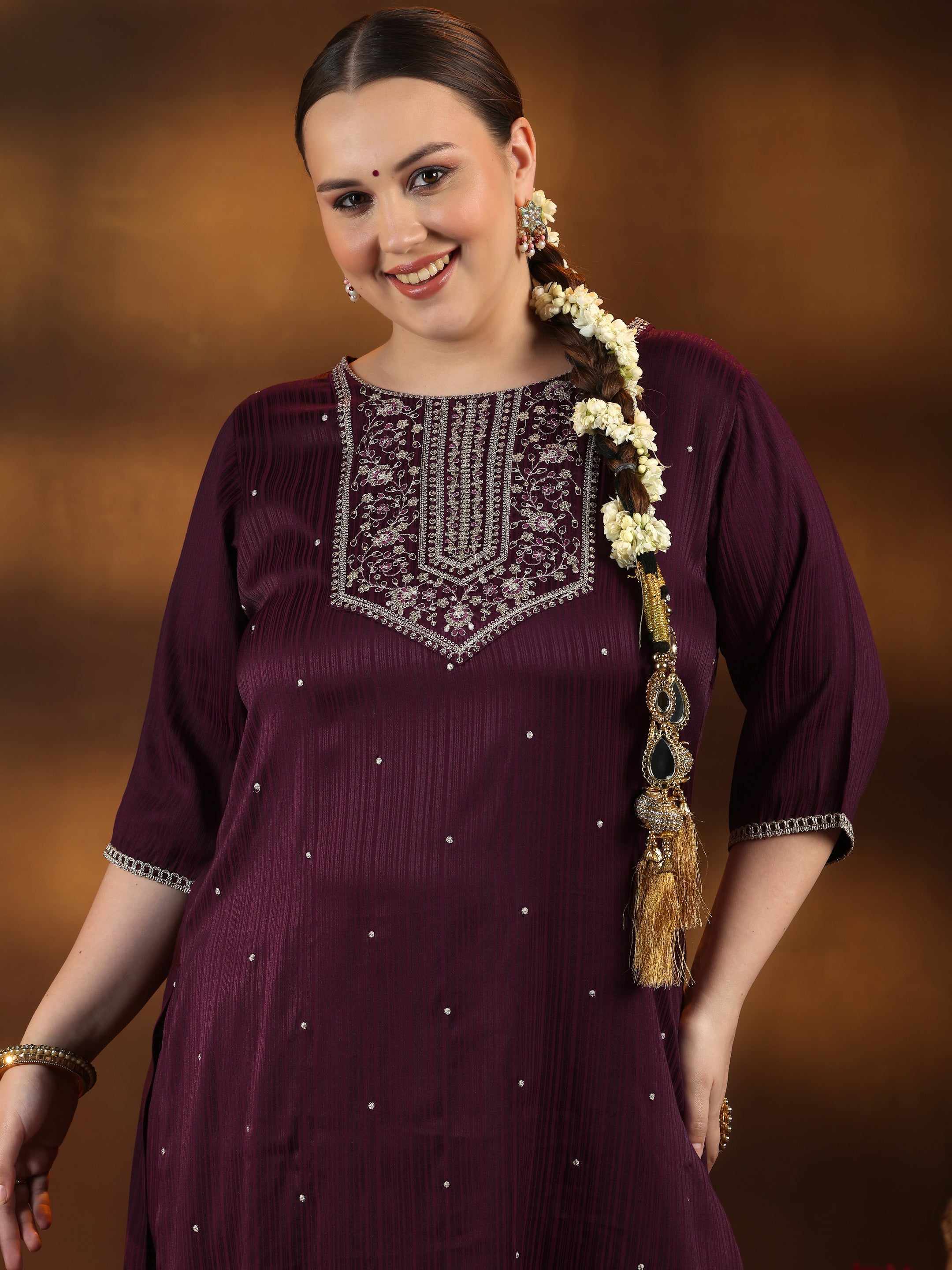 Plus Size Maroon Embroidered Silk Blend Straight Kurta Set