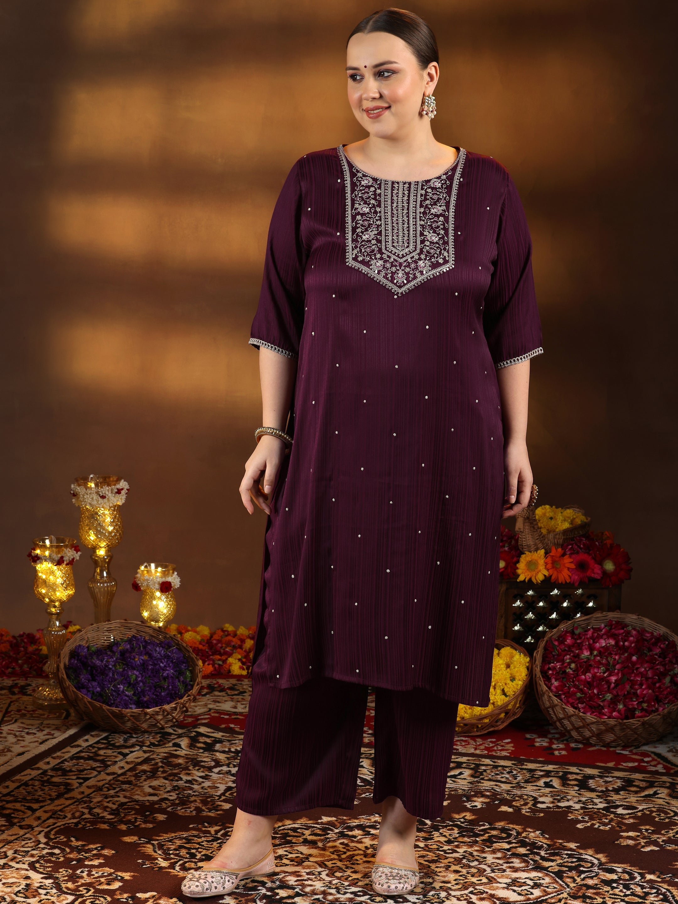 Plus Size Maroon Embroidered Silk Blend Straight Kurta Set