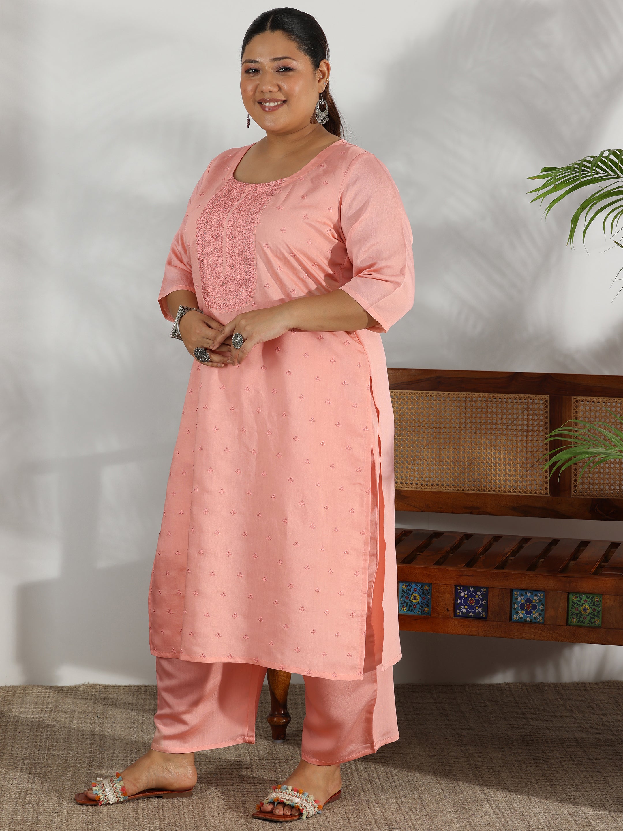 Plus Size Embroidered Silk Blend Straight Kurta Set