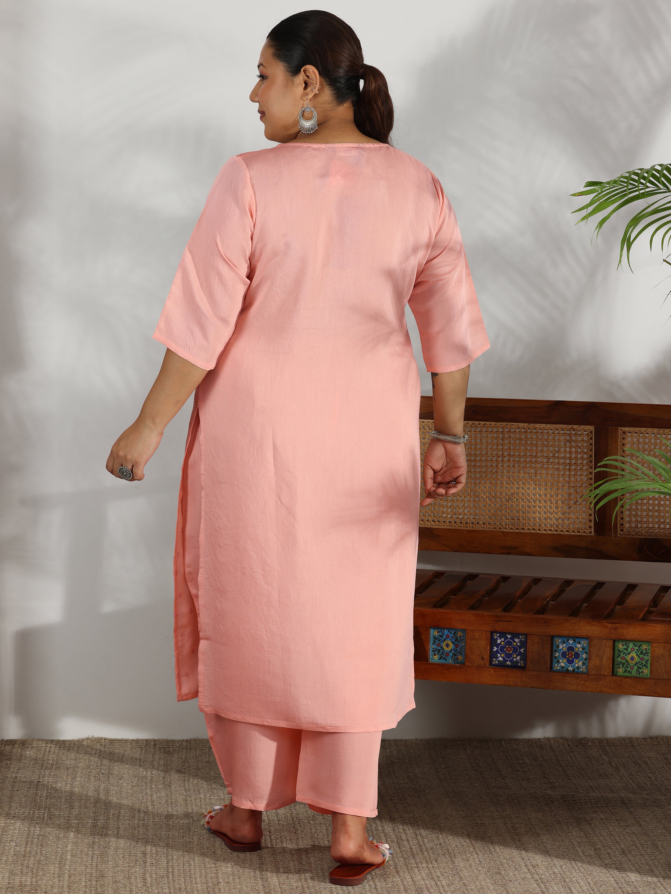 Plus Size Embroidered Silk Blend Straight Kurta Set