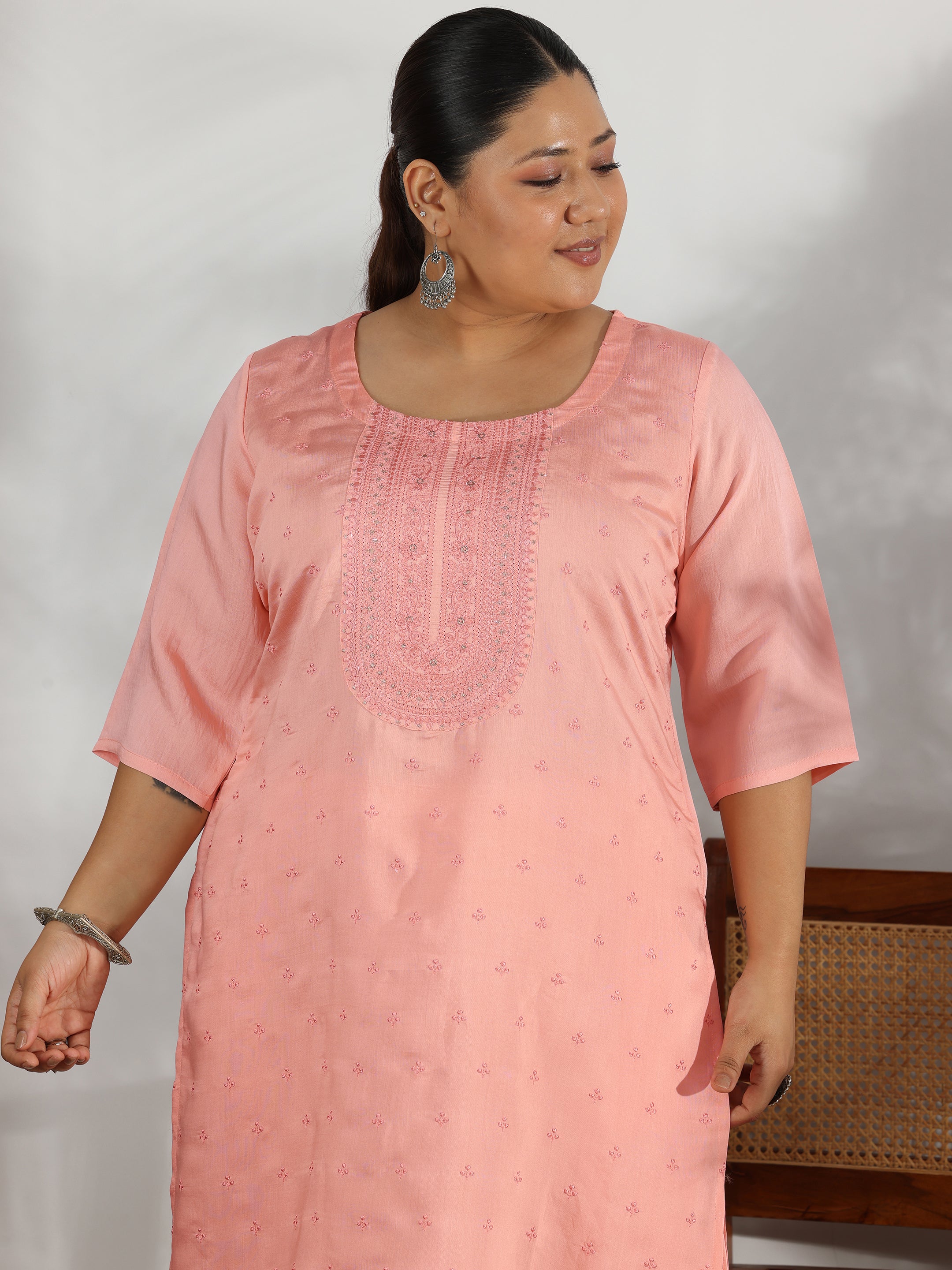 Plus Size Embroidered Silk Blend Straight Kurta Set