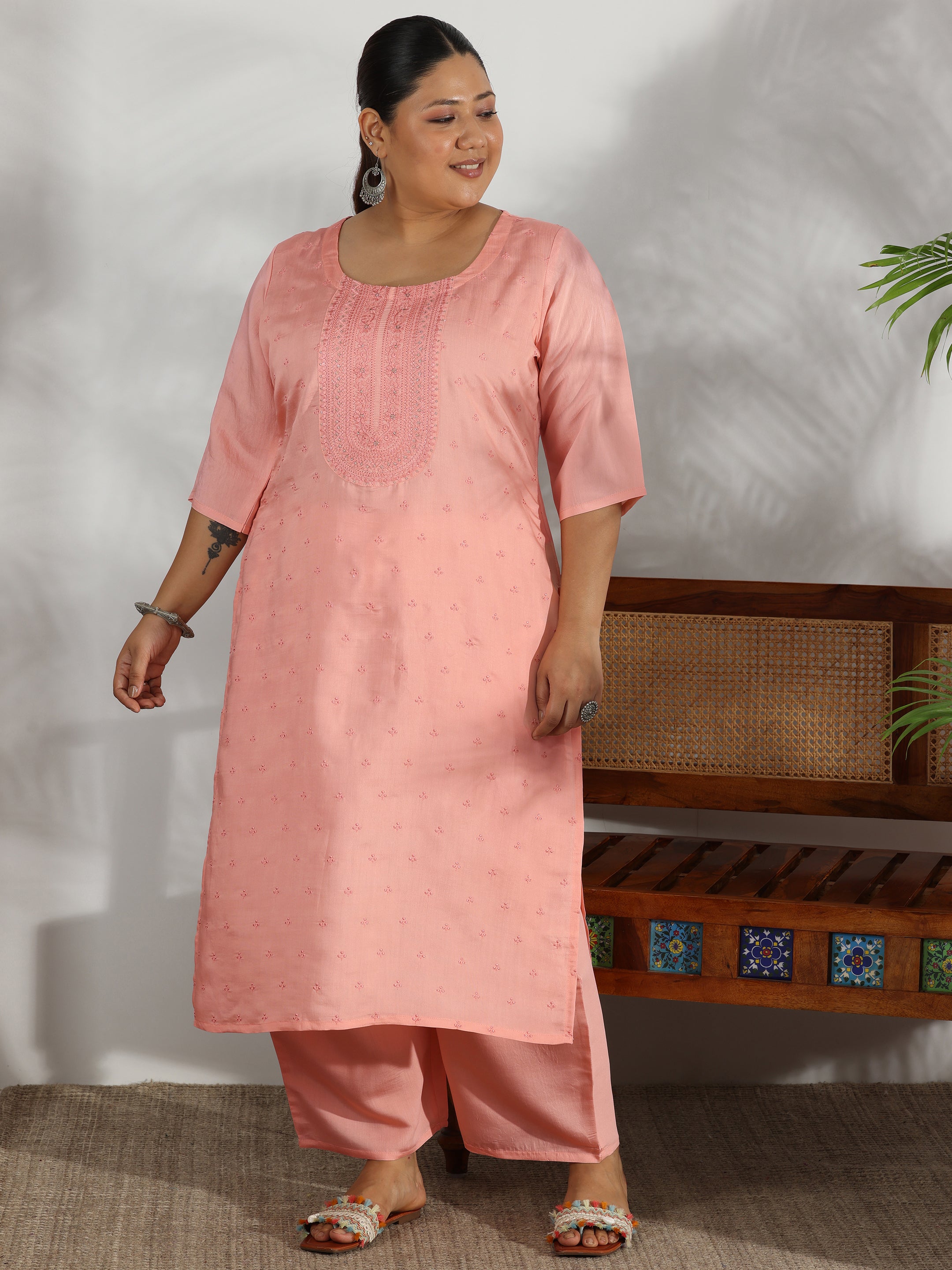 Plus Size Embroidered Silk Blend Straight Kurta Set