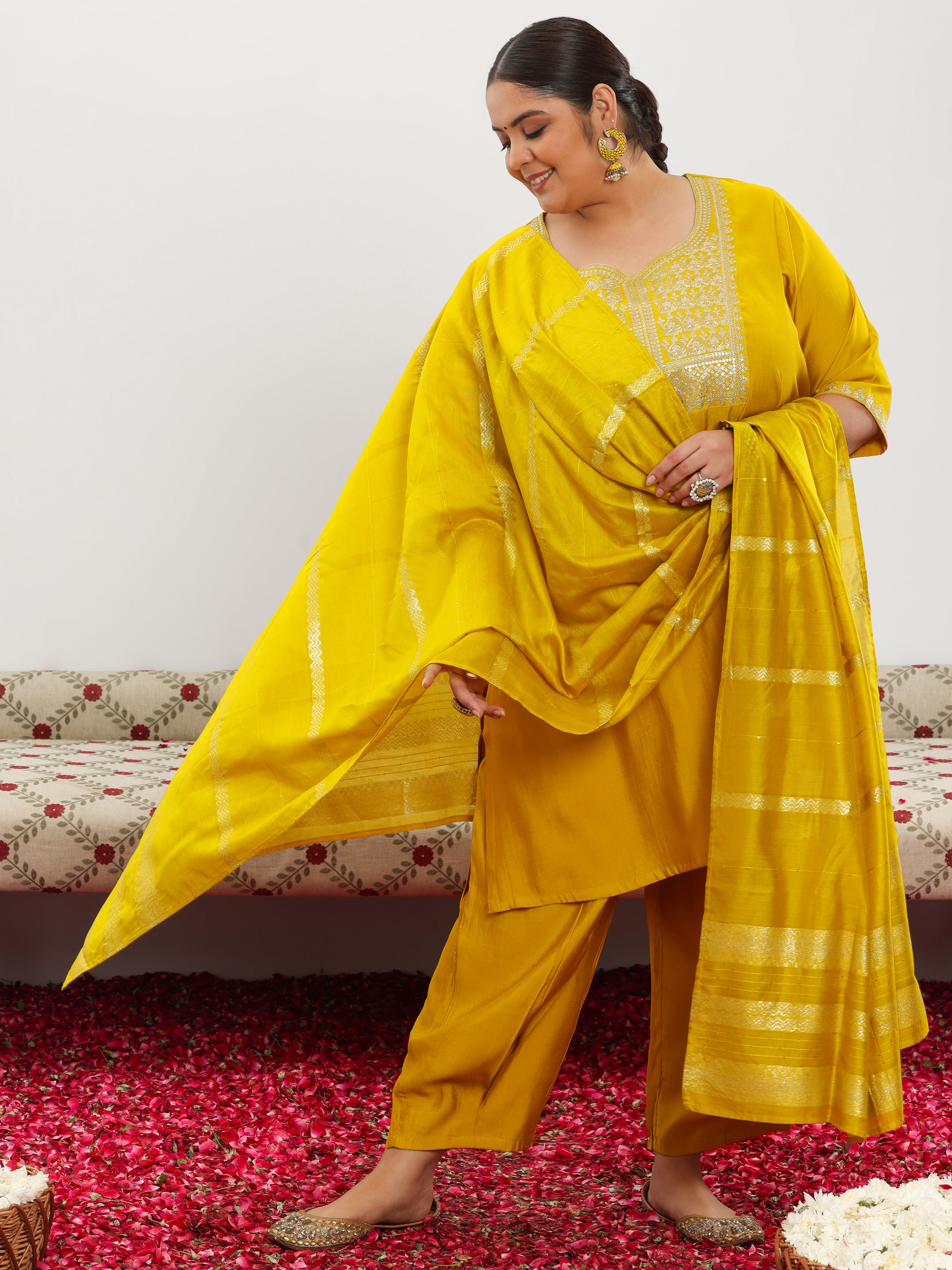 Plus Size Yellow Yoke Design Silk Blend Straight Suit With Dupatta