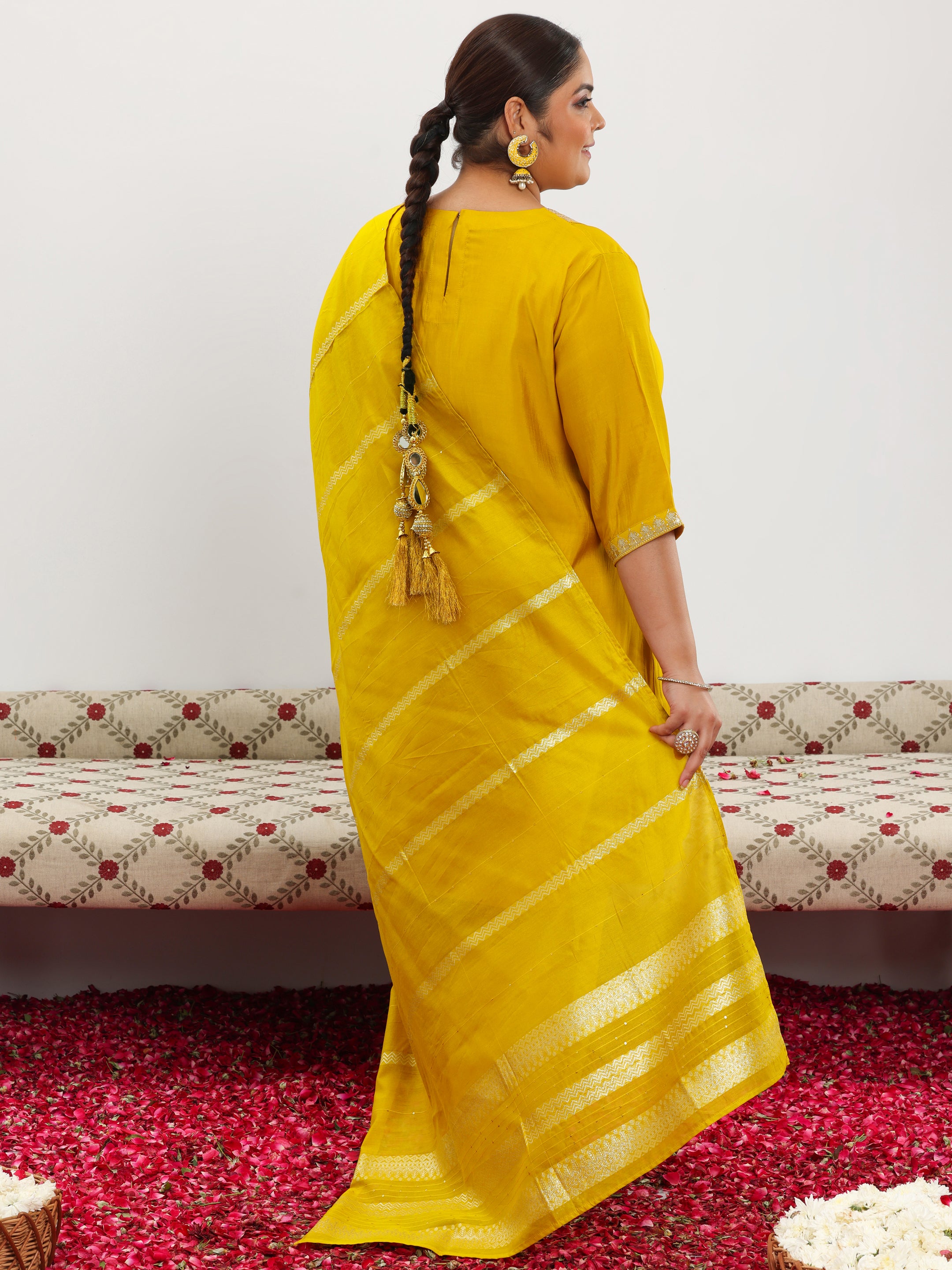 Plus Size Yellow Yoke Design Silk Blend Straight Suit With Dupatta