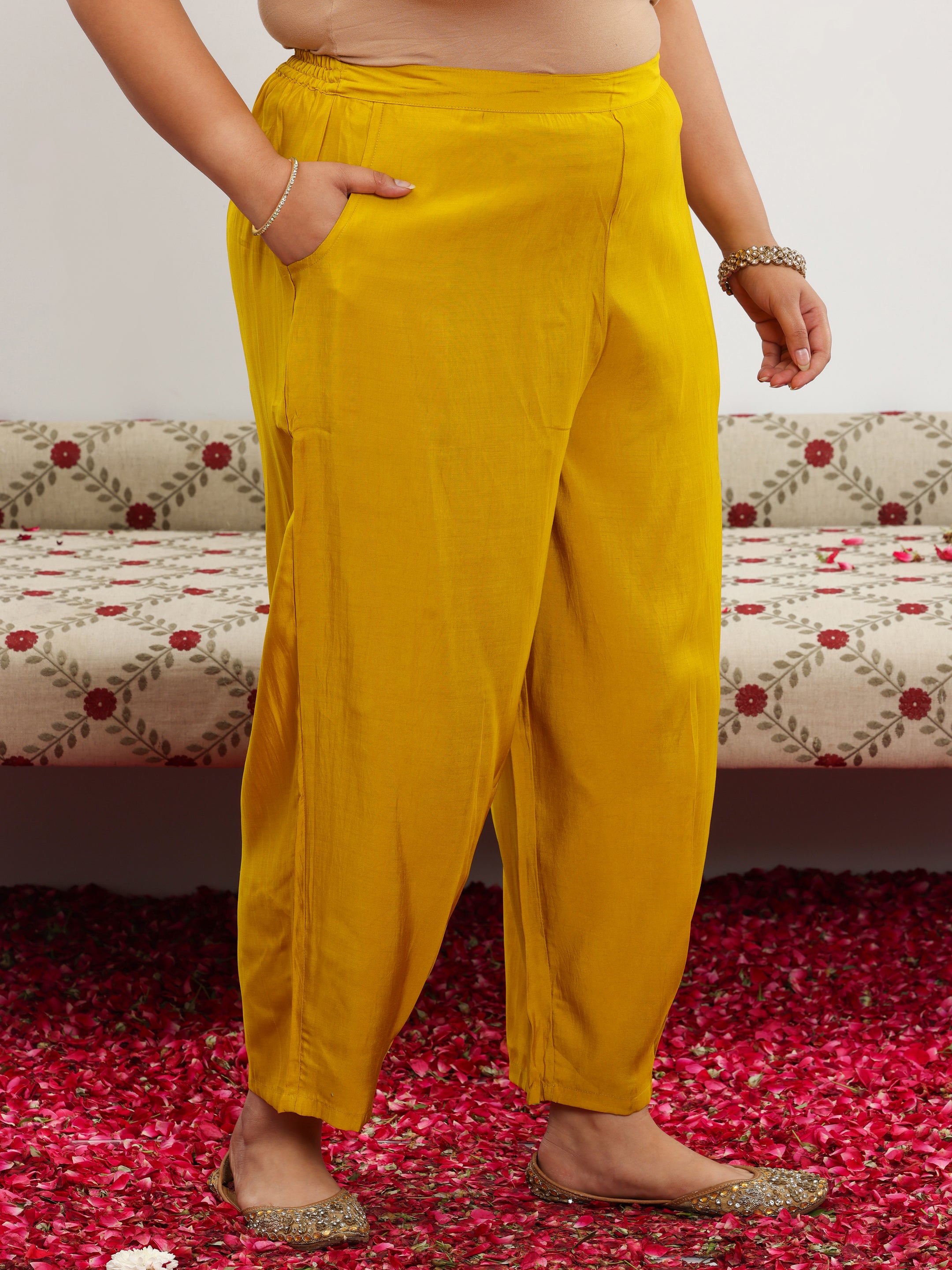 Plus Size Yellow Yoke Design Silk Blend Straight Suit With Dupatta