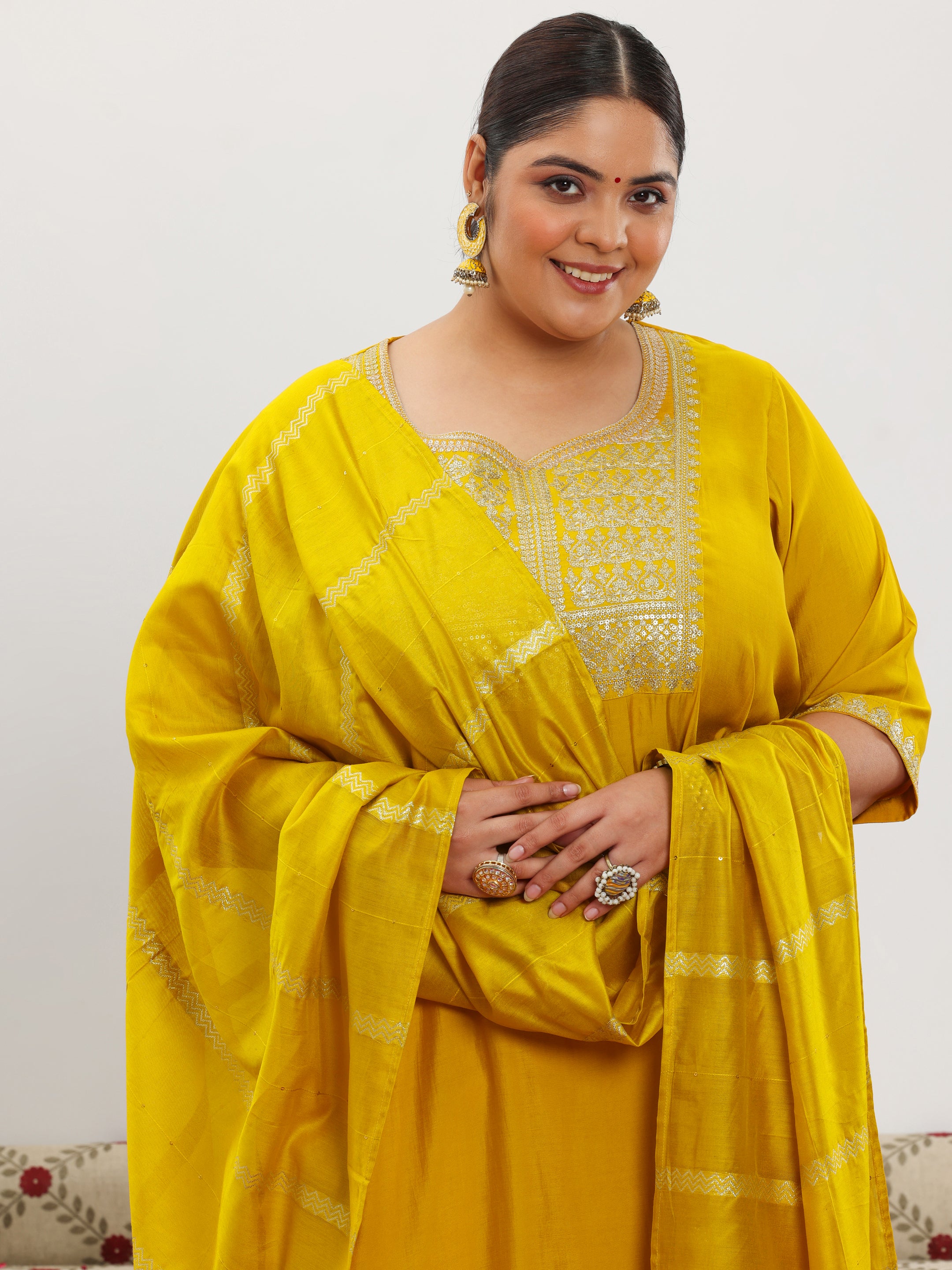 Plus Size Yellow Yoke Design Silk Blend Straight Suit With Dupatta