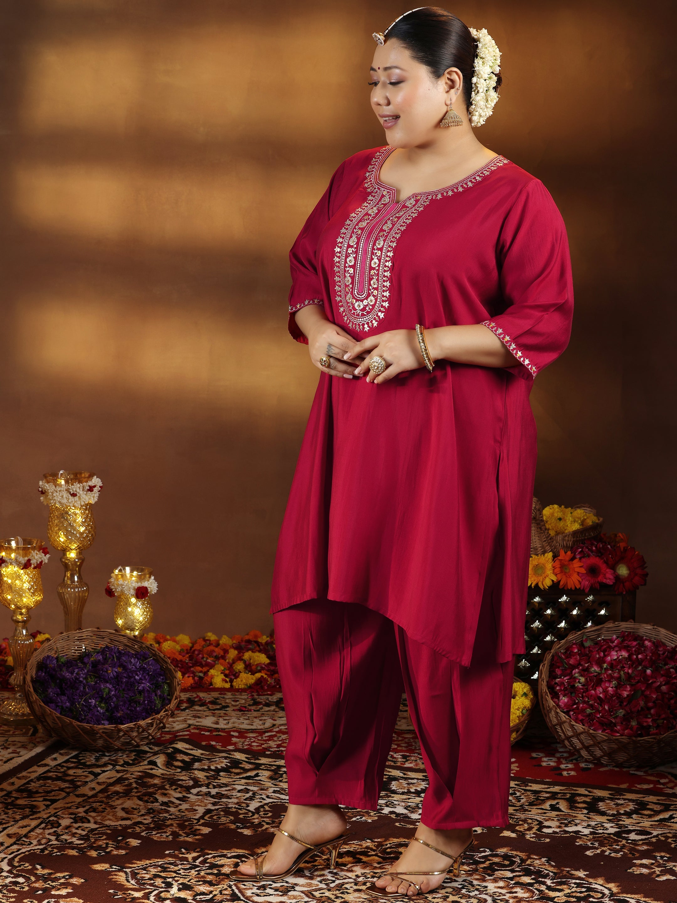 Plus Size Red Yoke Design Silk Blend Straight Suit With Dupatta