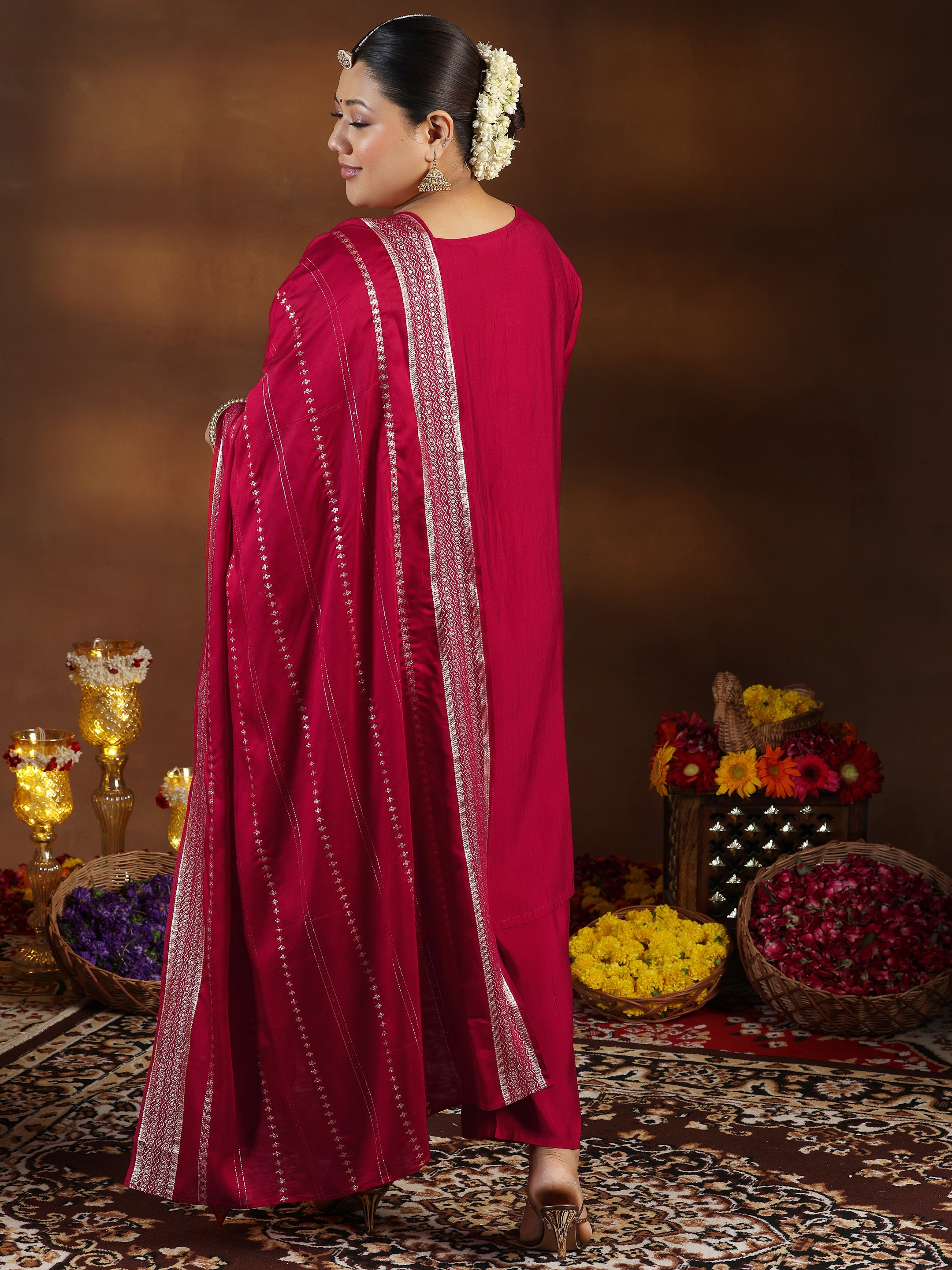 Plus Size Red Yoke Design Silk Blend Straight Suit With Dupatta