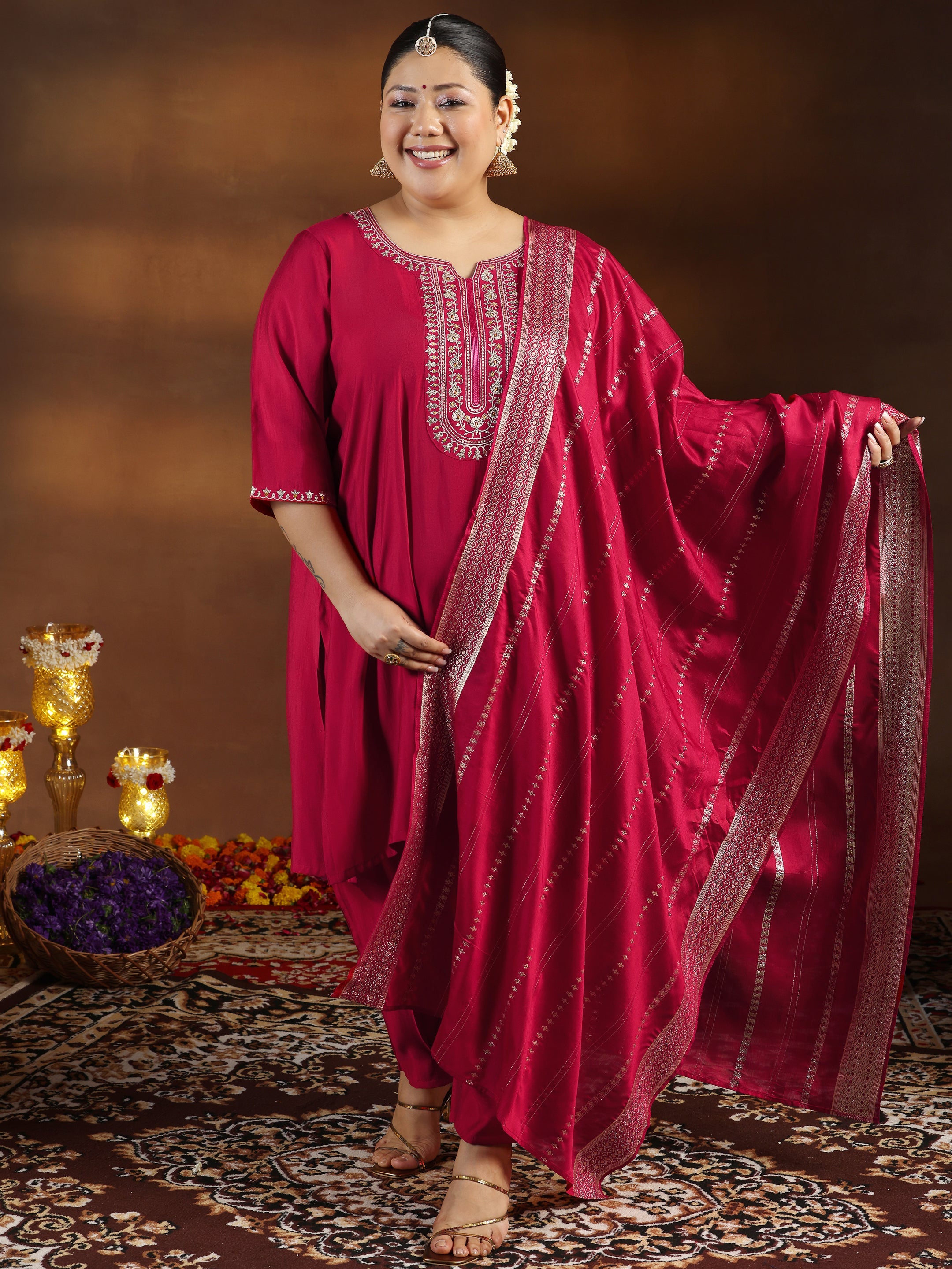 Plus Size Red Yoke Design Silk Blend Straight Suit With Dupatta