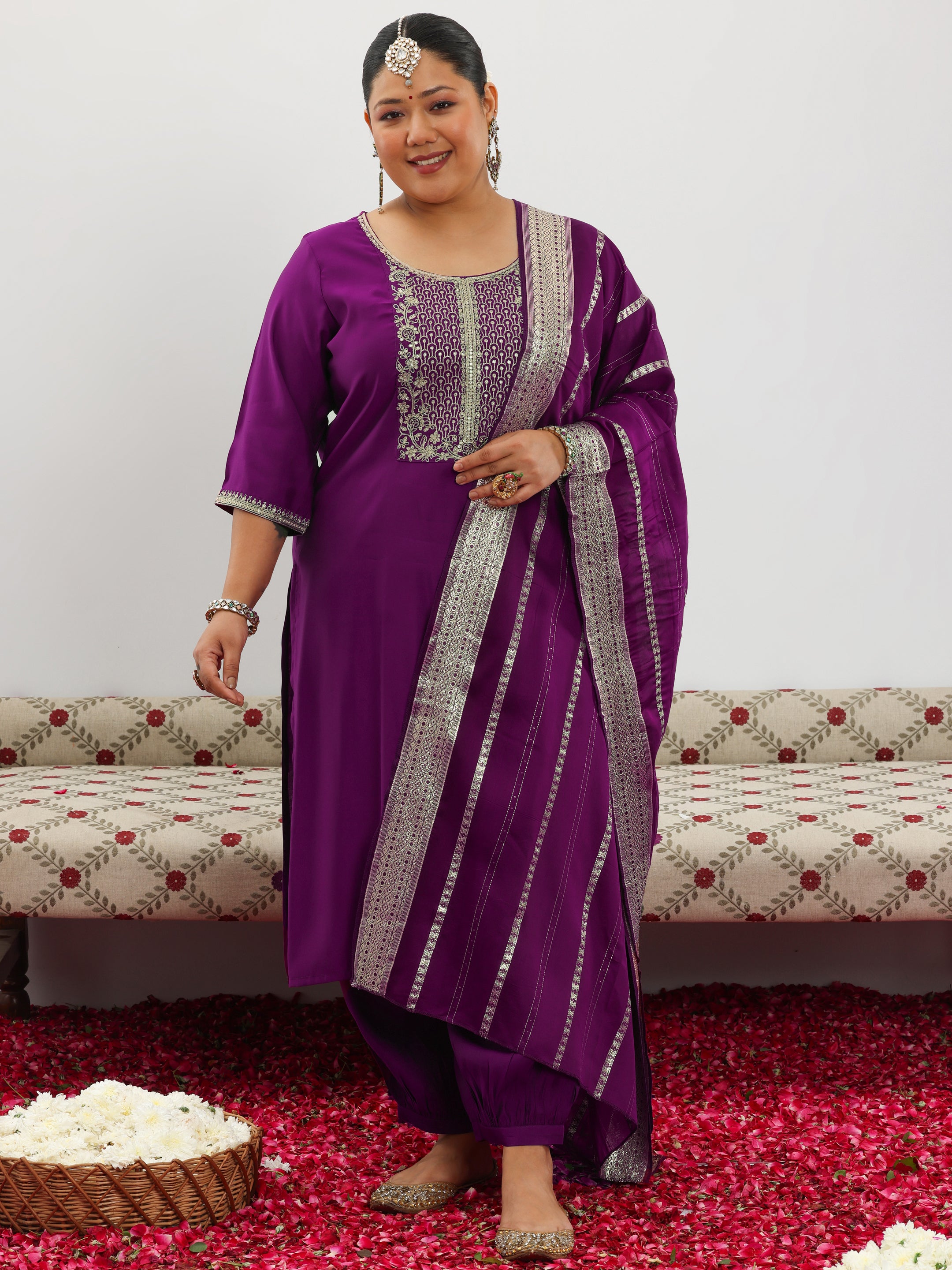 Plus Size Purple Yoke Design Silk Blend Straight Suit With Dupatta