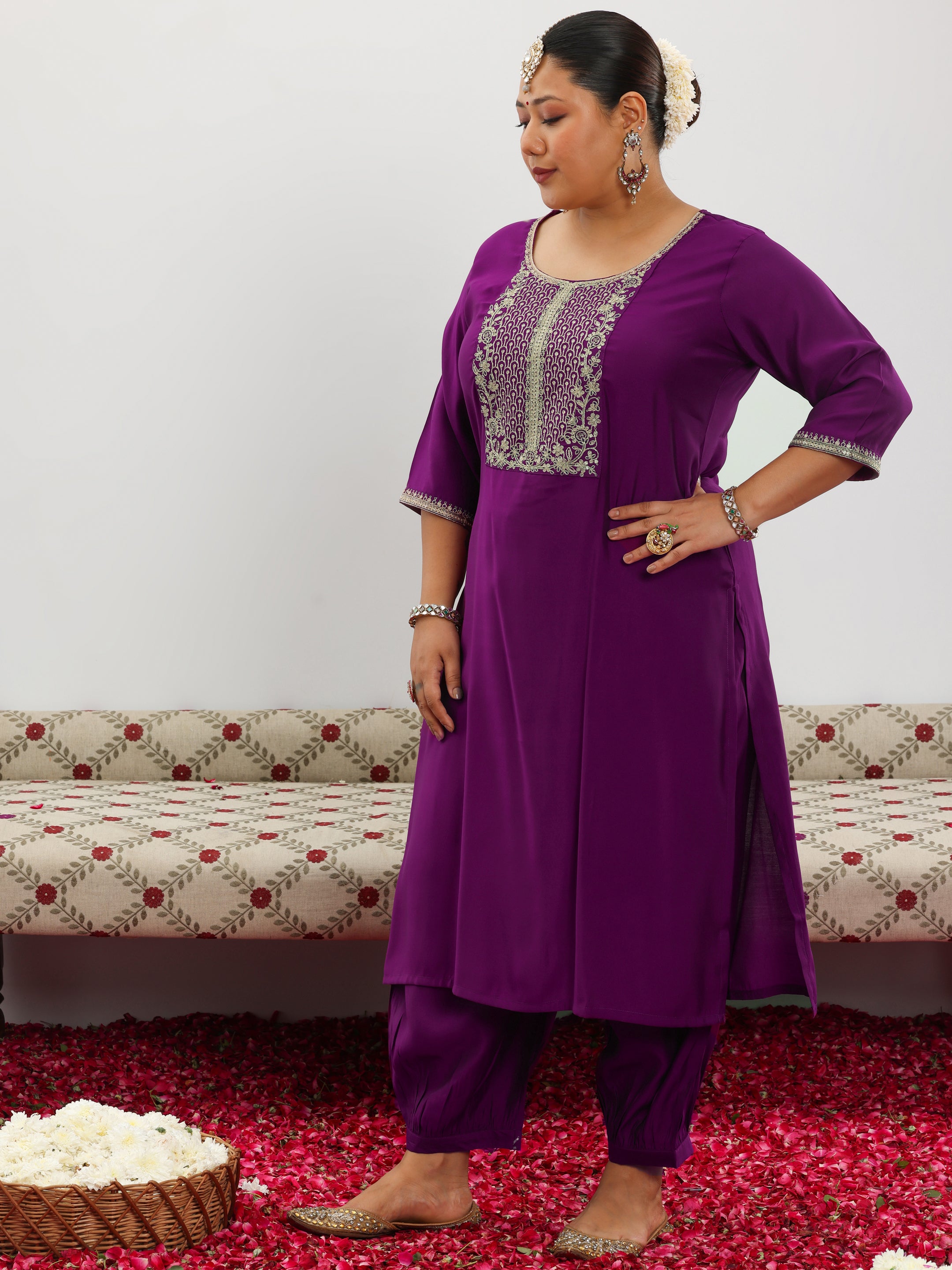 Plus Size Purple Yoke Design Silk Blend Straight Suit With Dupatta