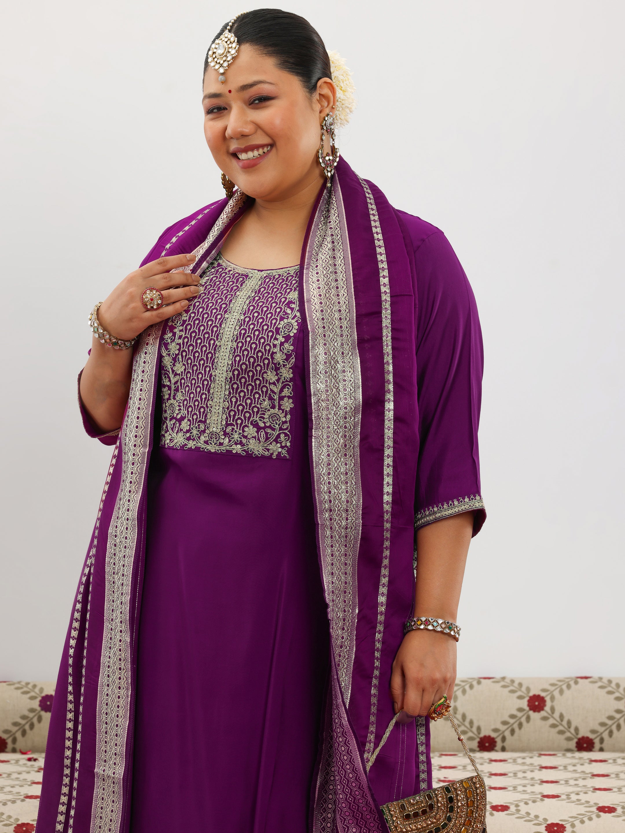 Plus Size Purple Yoke Design Silk Blend Straight Suit With Dupatta