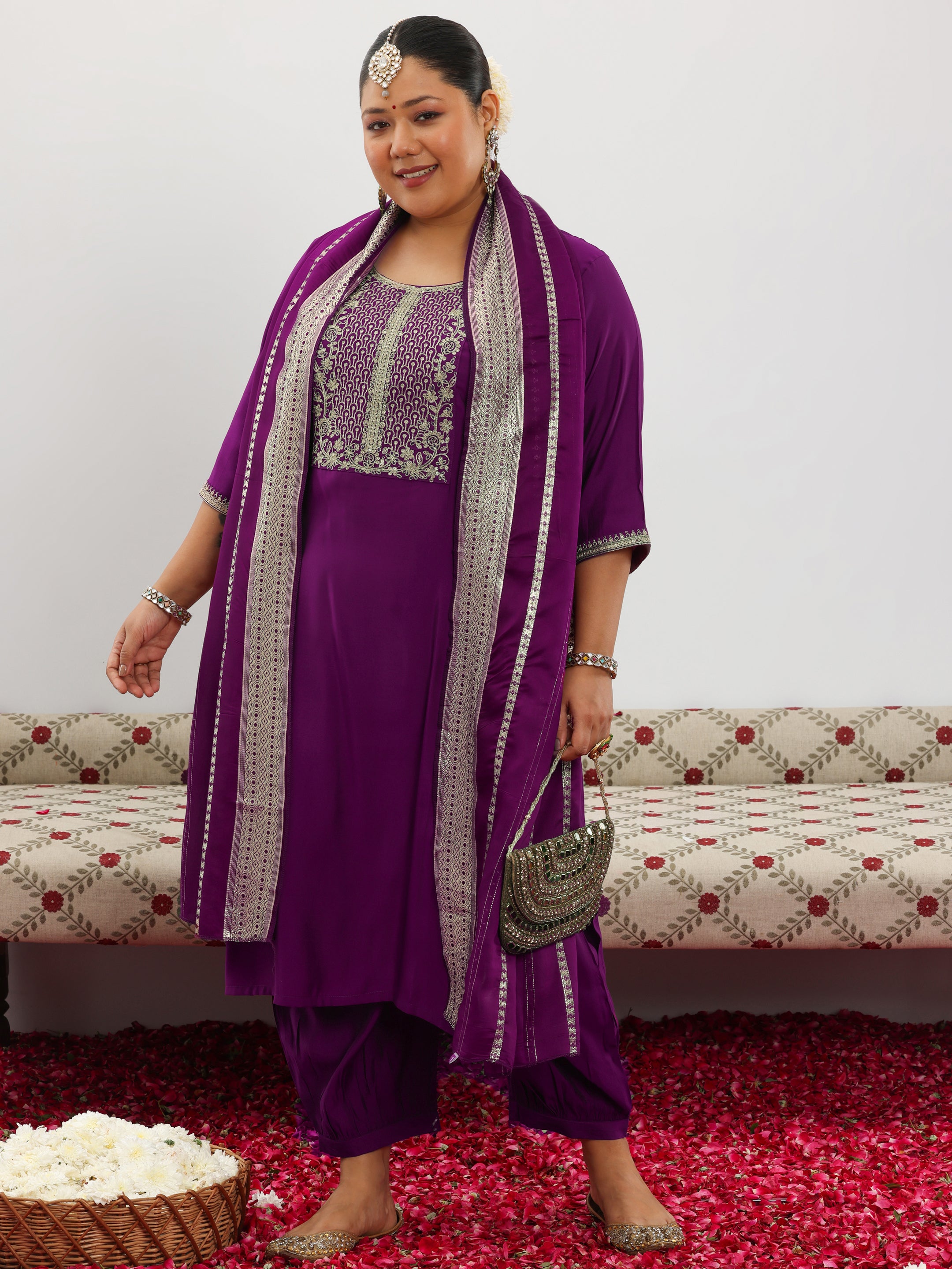 Plus Size Purple Yoke Design Silk Blend Straight Suit With Dupatta