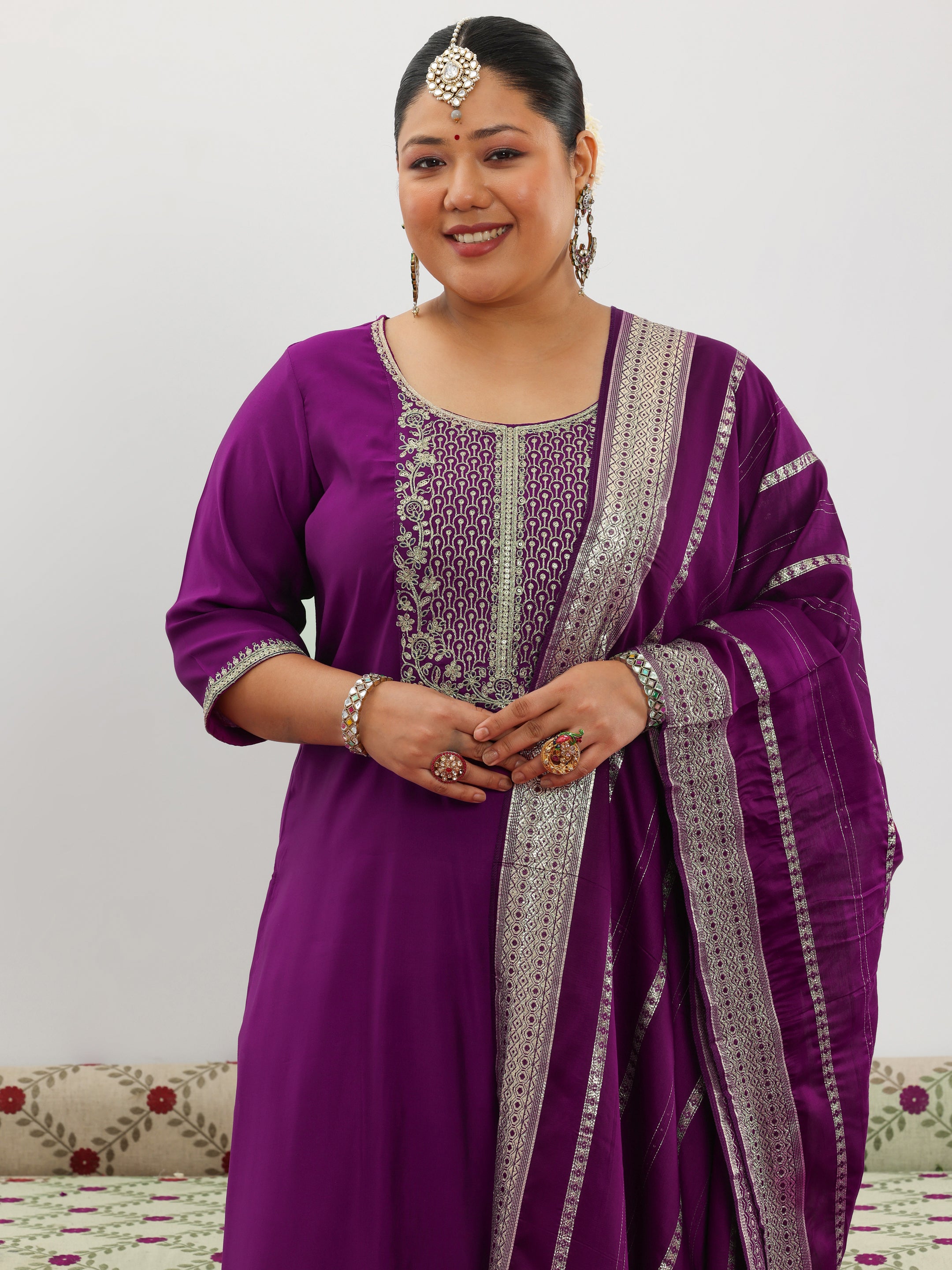 Plus Size Purple Yoke Design Silk Blend Straight Suit With Dupatta