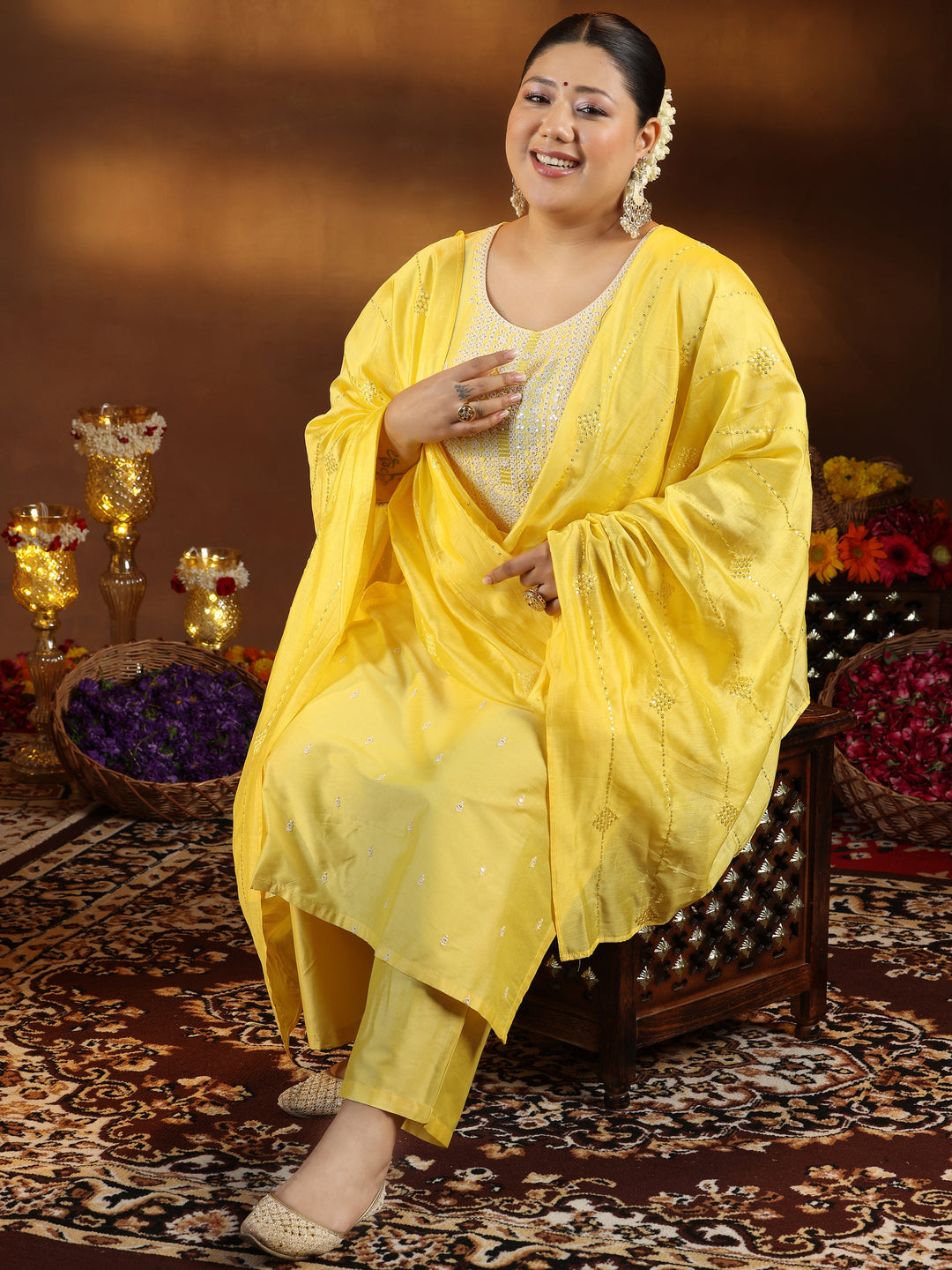 Plus Size Yellow Embroidered Silk Blend Straight Suit With Dupatta