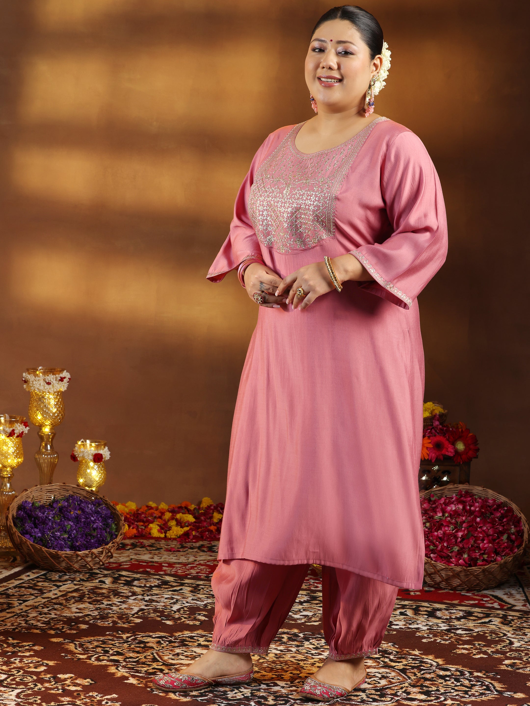 Plus Size Peach Yoke Design Silk Blend Straight Suit With Dupatta