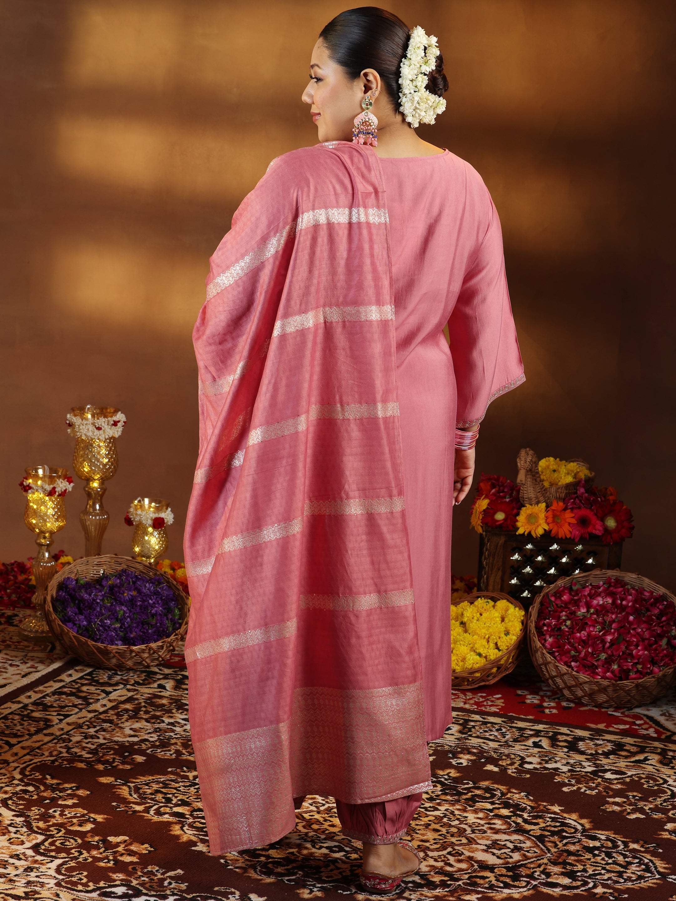 Plus Size Peach Yoke Design Silk Blend Straight Suit With Dupatta