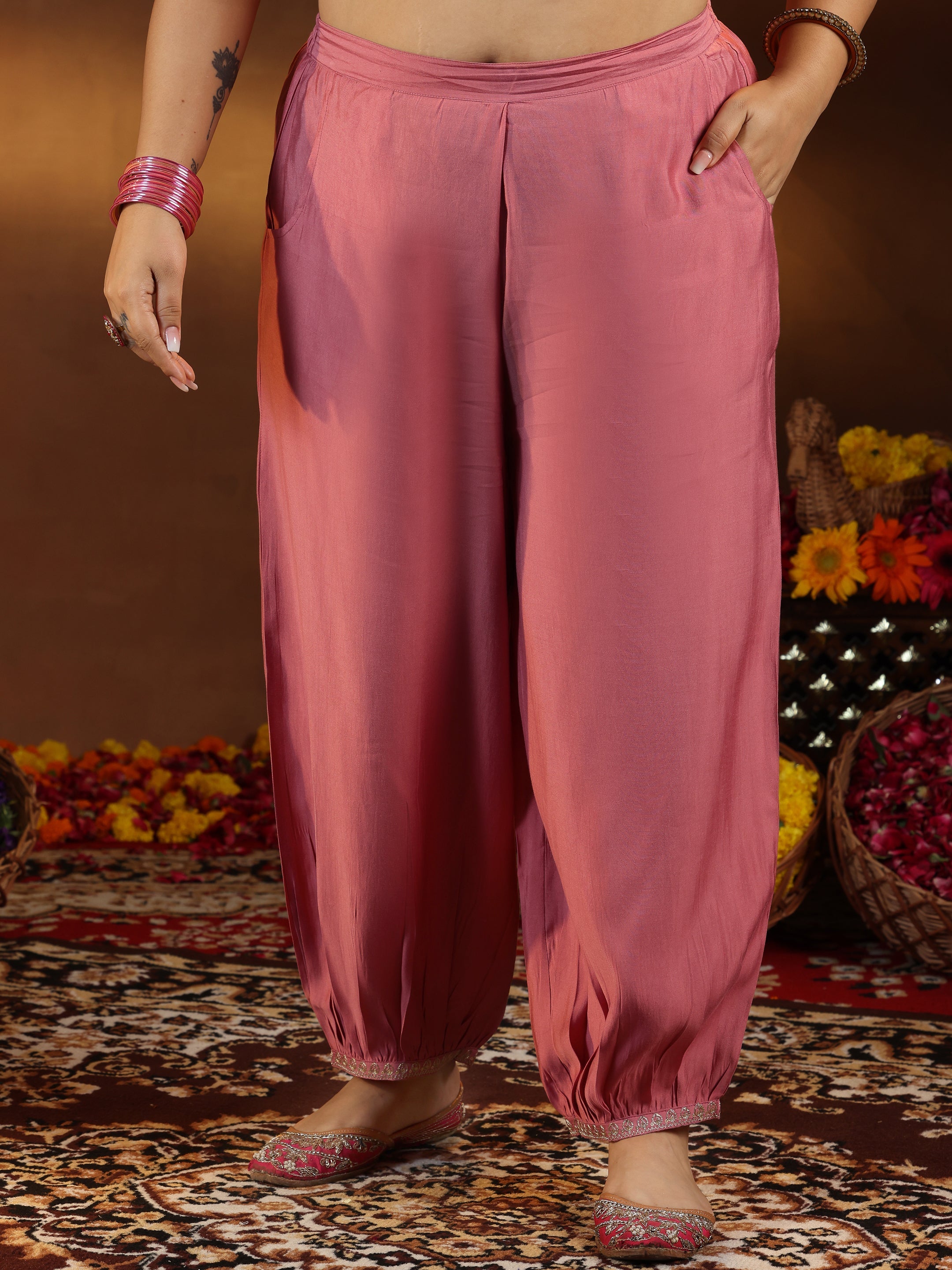 Plus Size Peach Yoke Design Silk Blend Straight Suit With Dupatta