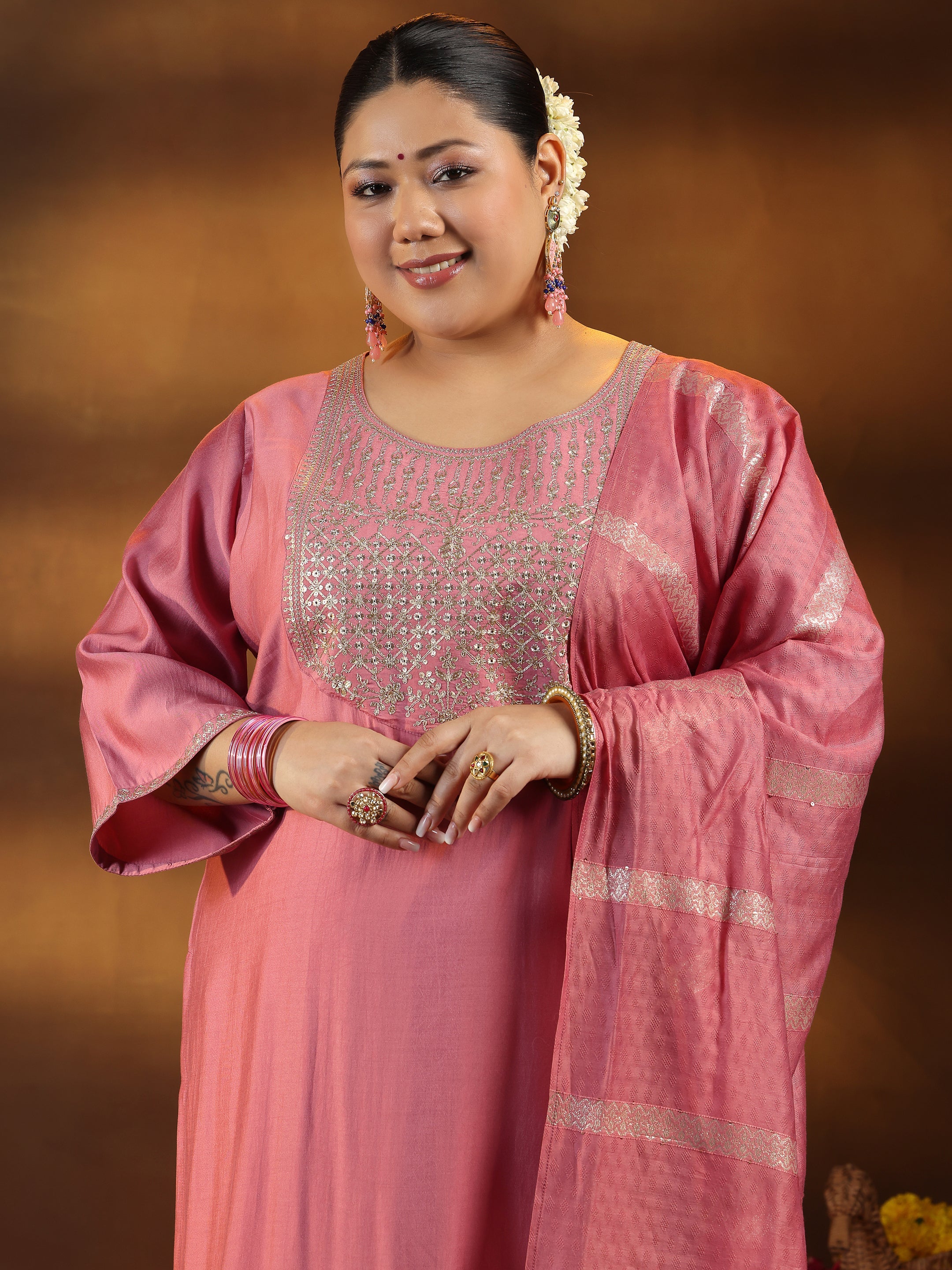 Plus Size Peach Yoke Design Silk Blend Straight Suit With Dupatta