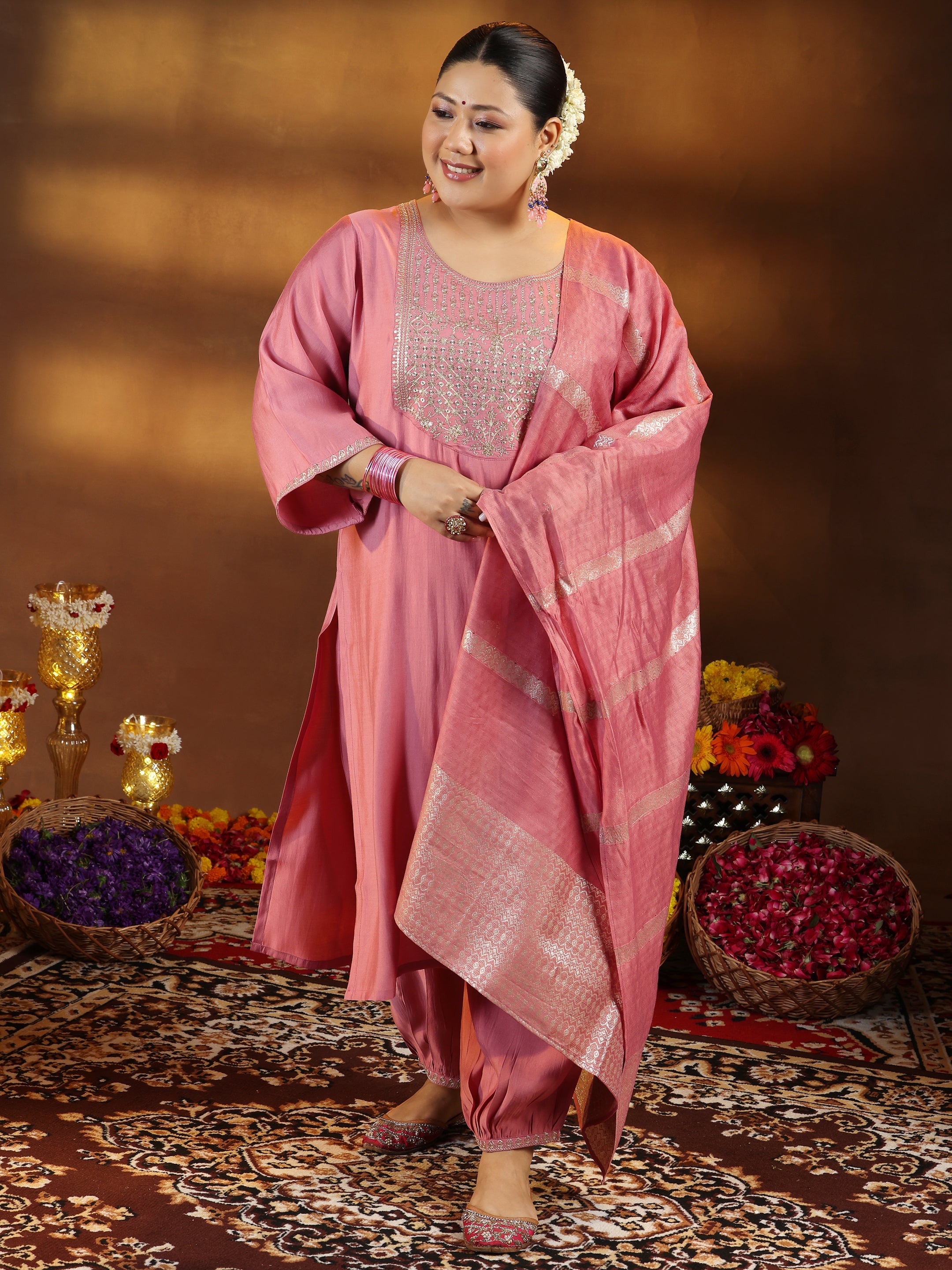 Plus Size Peach Yoke Design Silk Blend Straight Suit With Dupatta