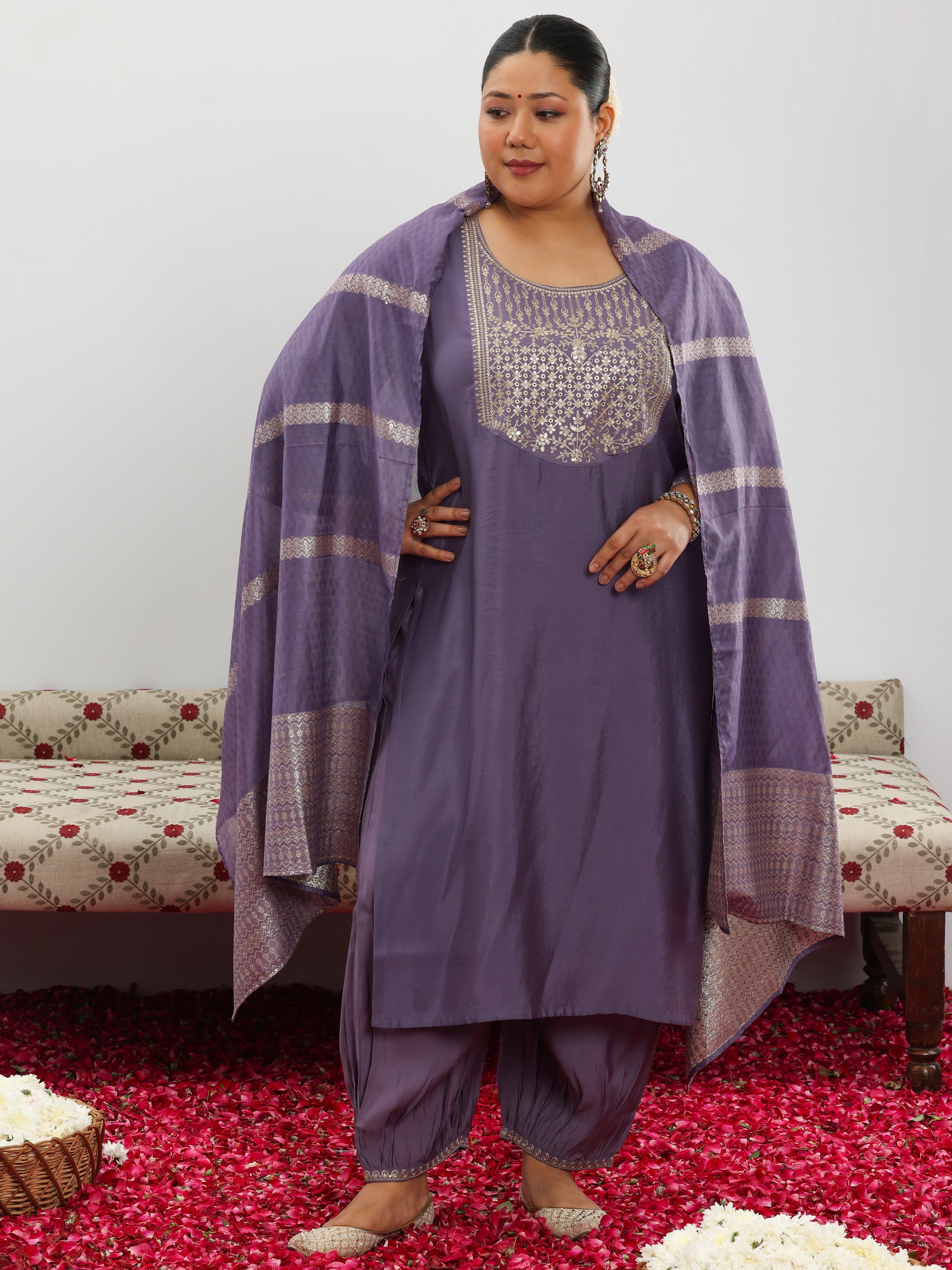 Plus Size Purple Yoke Design Silk Blend Straight Suit With Dupatta