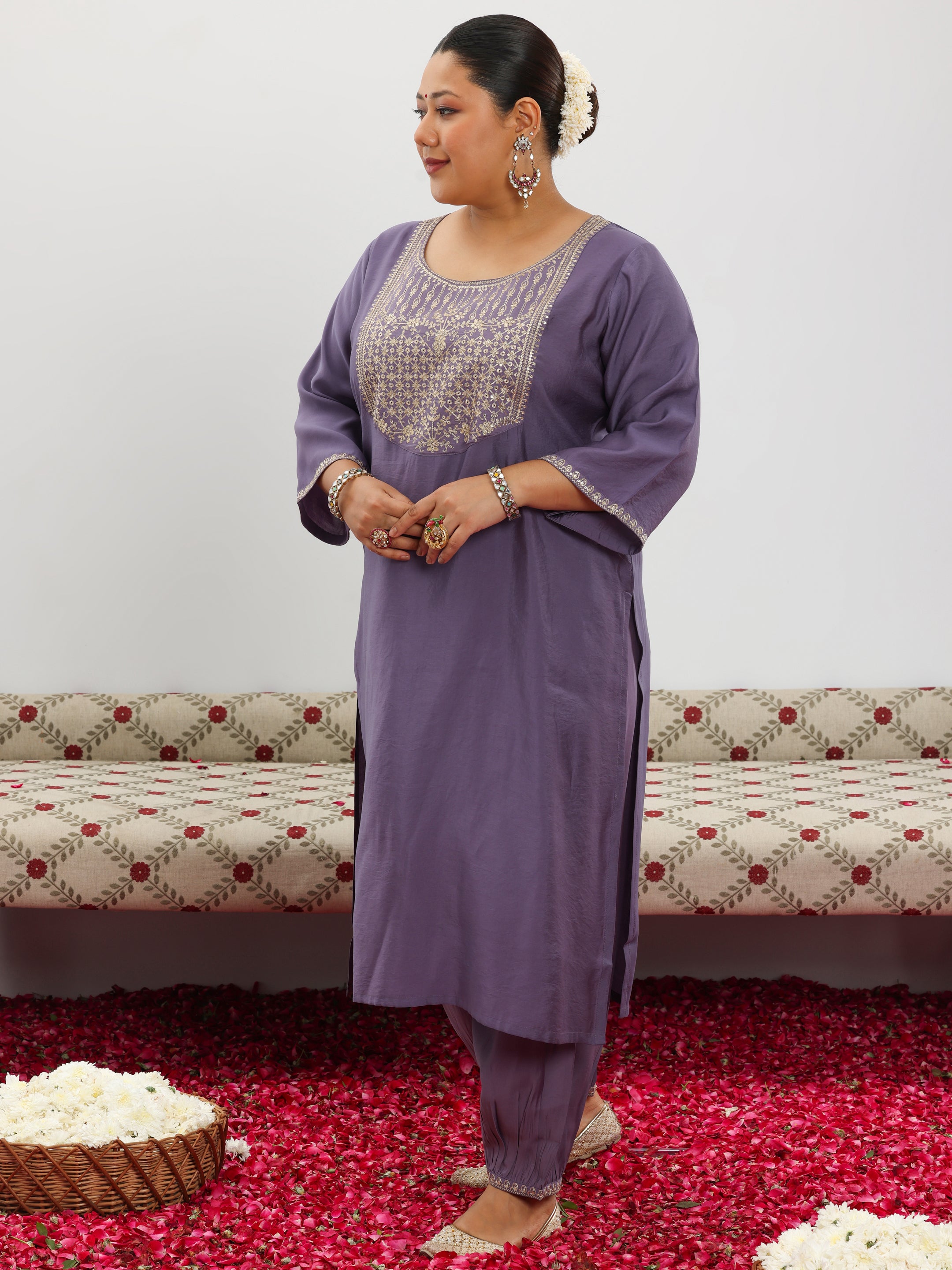 Plus Size Purple Yoke Design Silk Blend Straight Suit With Dupatta