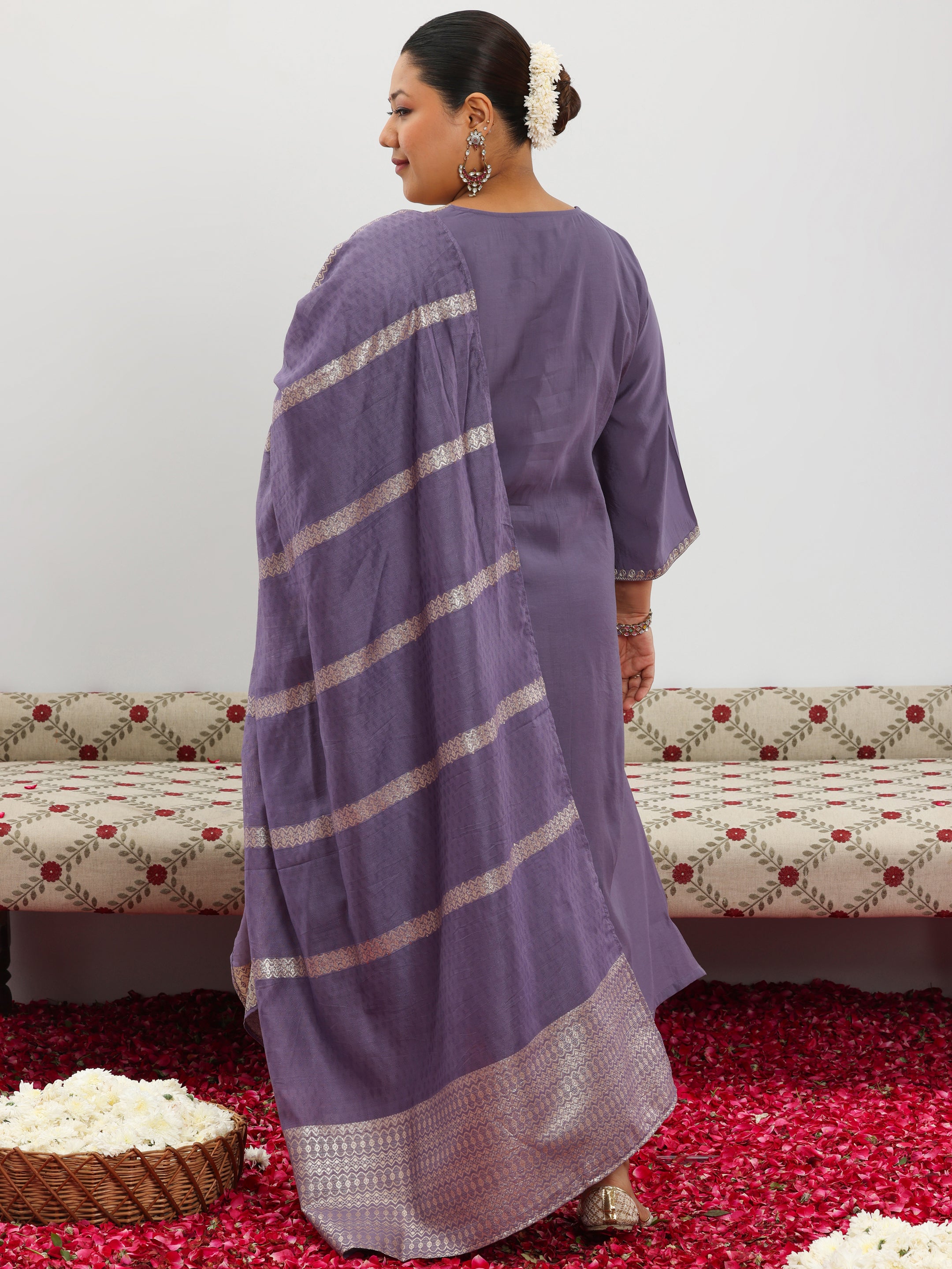 Plus Size Purple Yoke Design Silk Blend Straight Suit With Dupatta