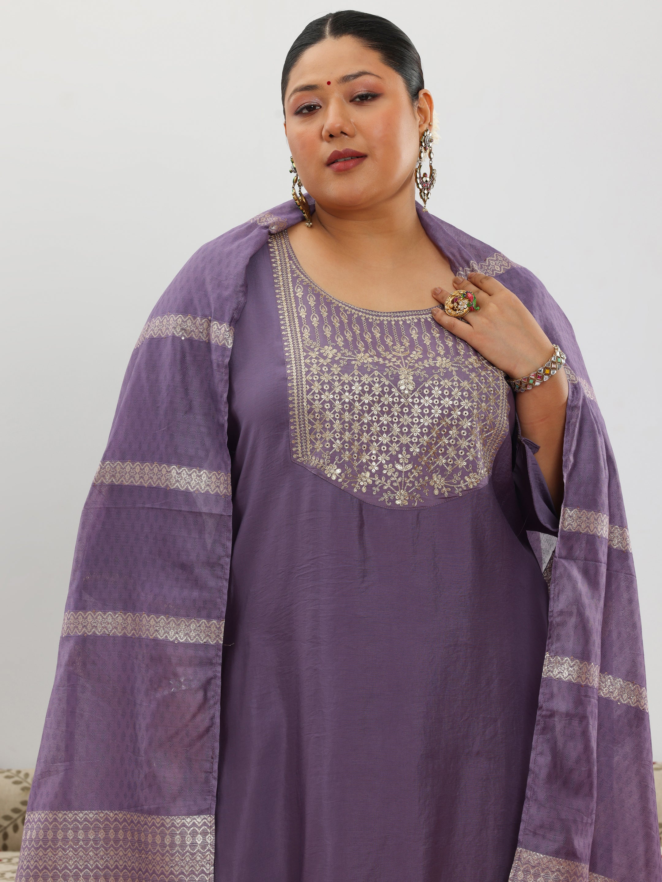 Plus Size Purple Yoke Design Silk Blend Straight Suit With Dupatta