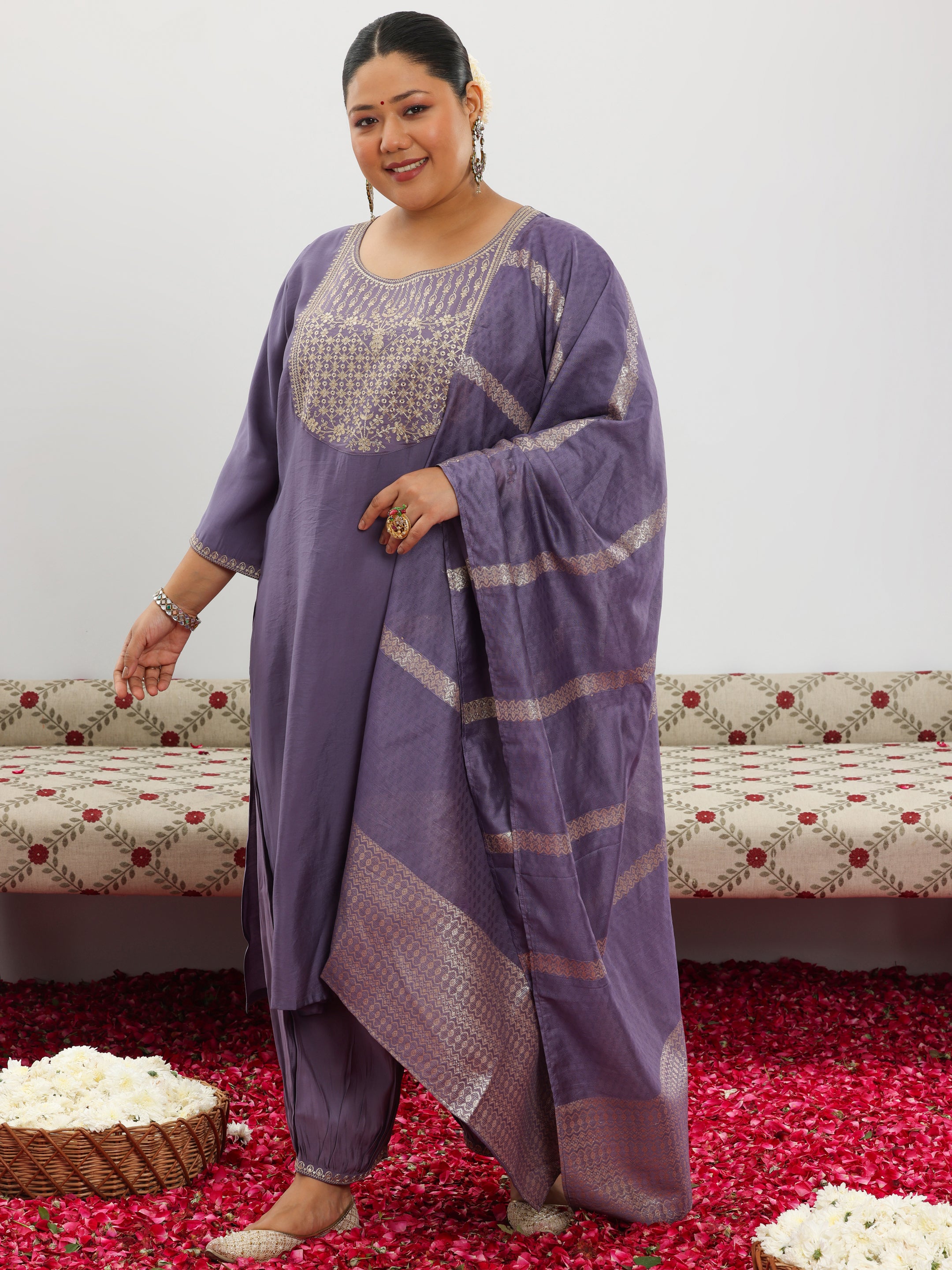 Plus Size Purple Yoke Design Silk Blend Straight Suit With Dupatta