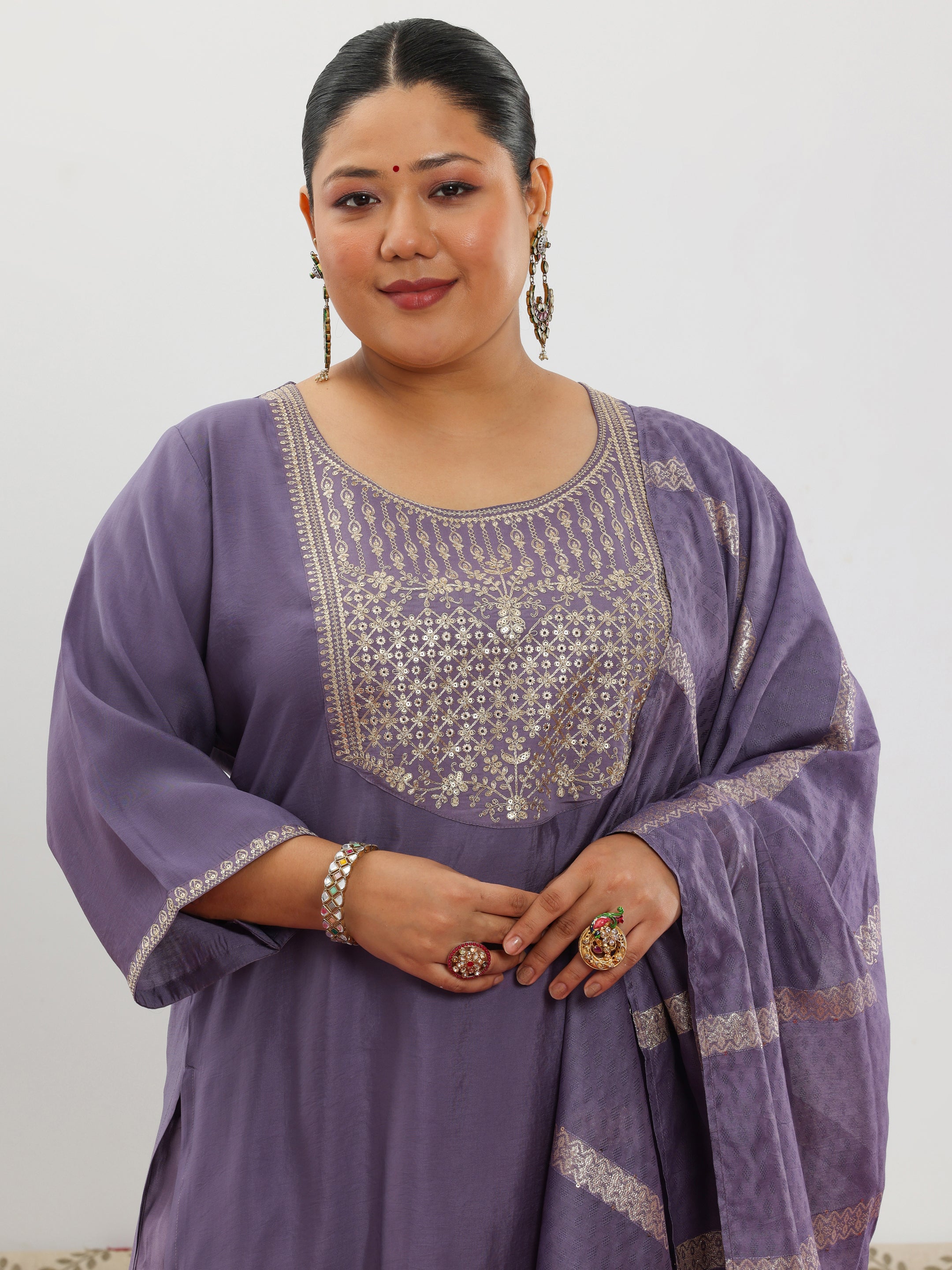 Plus Size Purple Yoke Design Silk Blend Straight Suit With Dupatta