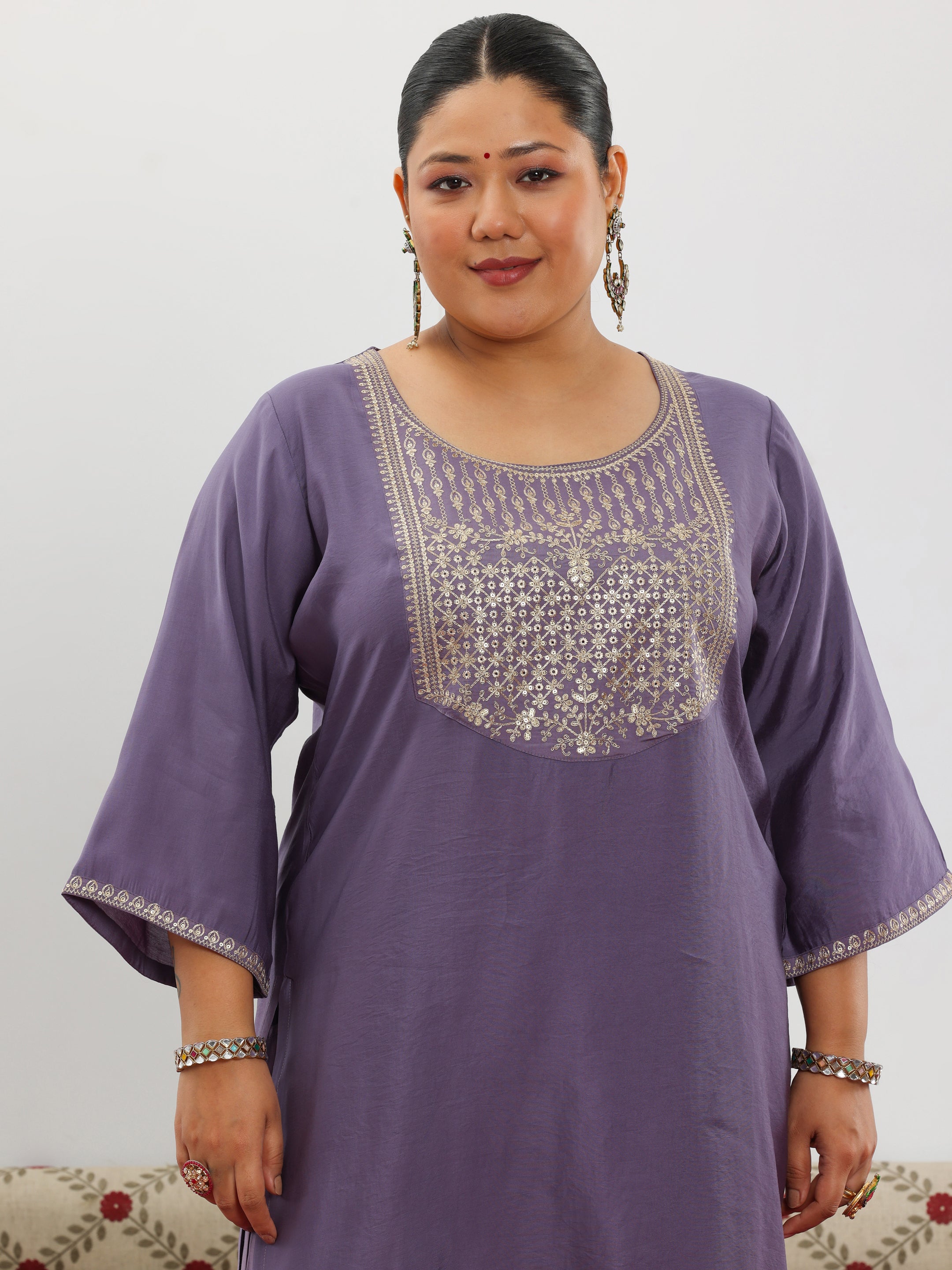 Plus Size Purple Yoke Design Silk Blend Straight Suit With Dupatta