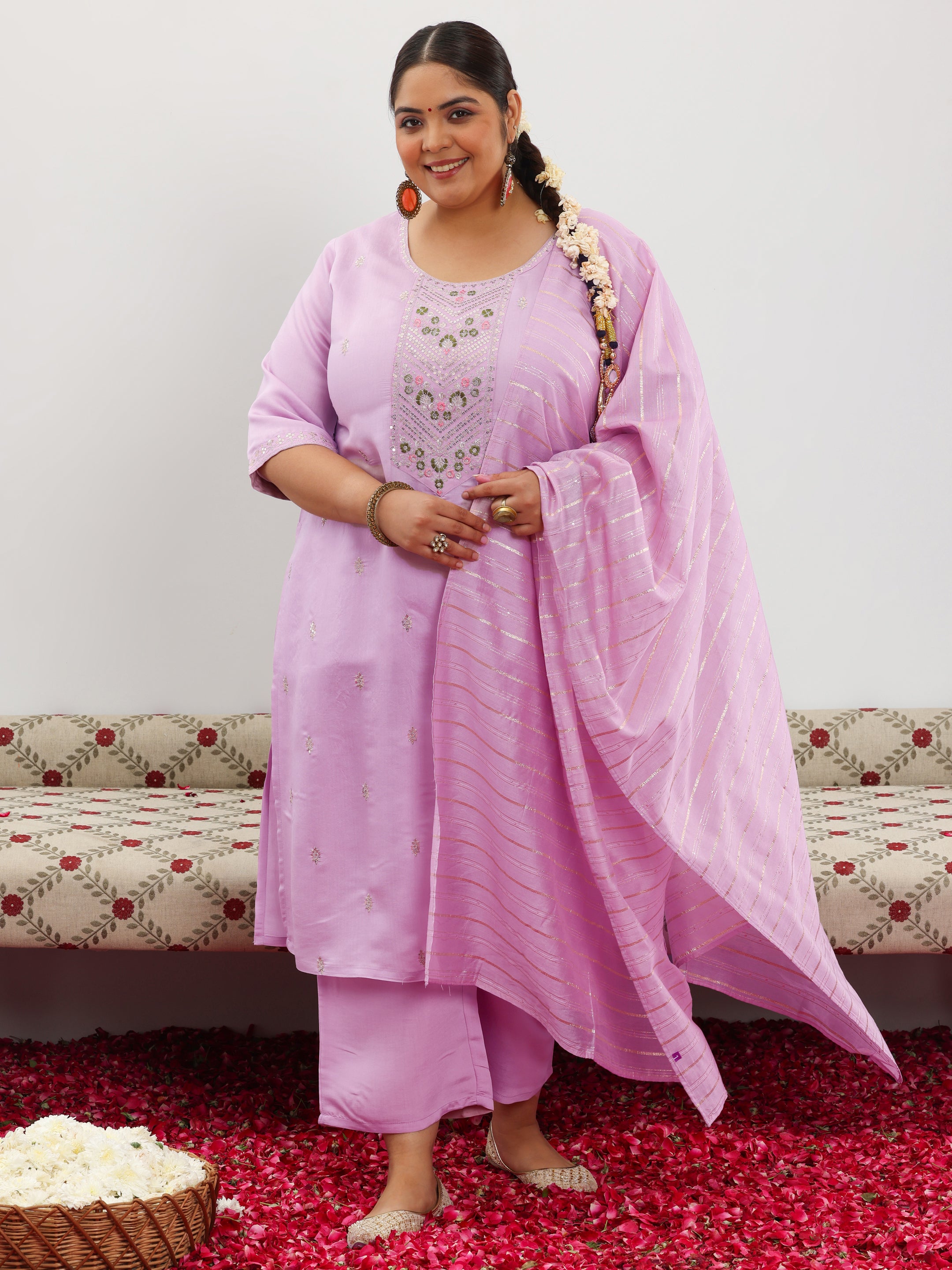 Plus Size Lilac Embroidered Silk Blend Straight Suit With Dupatta