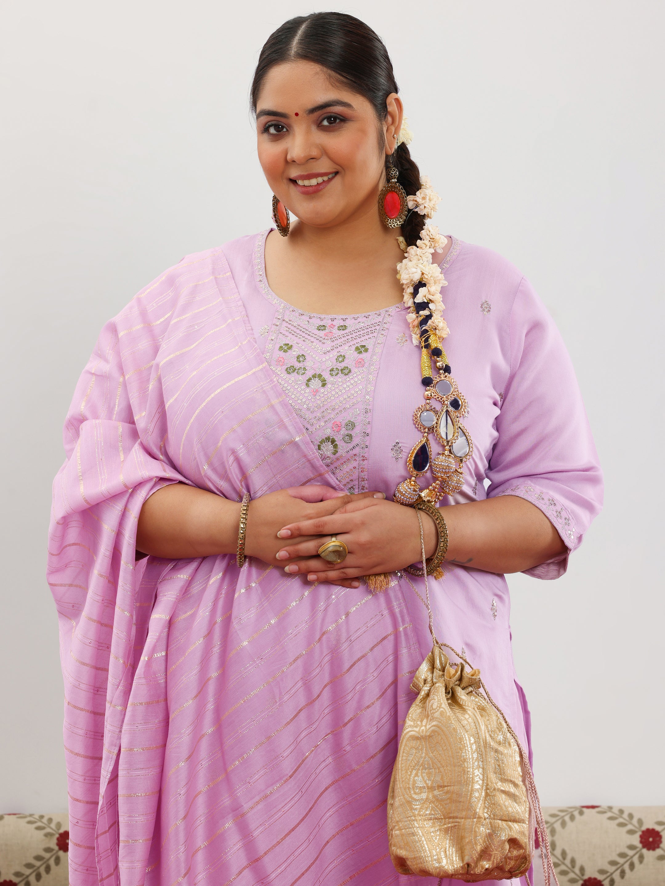 Plus Size Lilac Embroidered Silk Blend Straight Suit With Dupatta