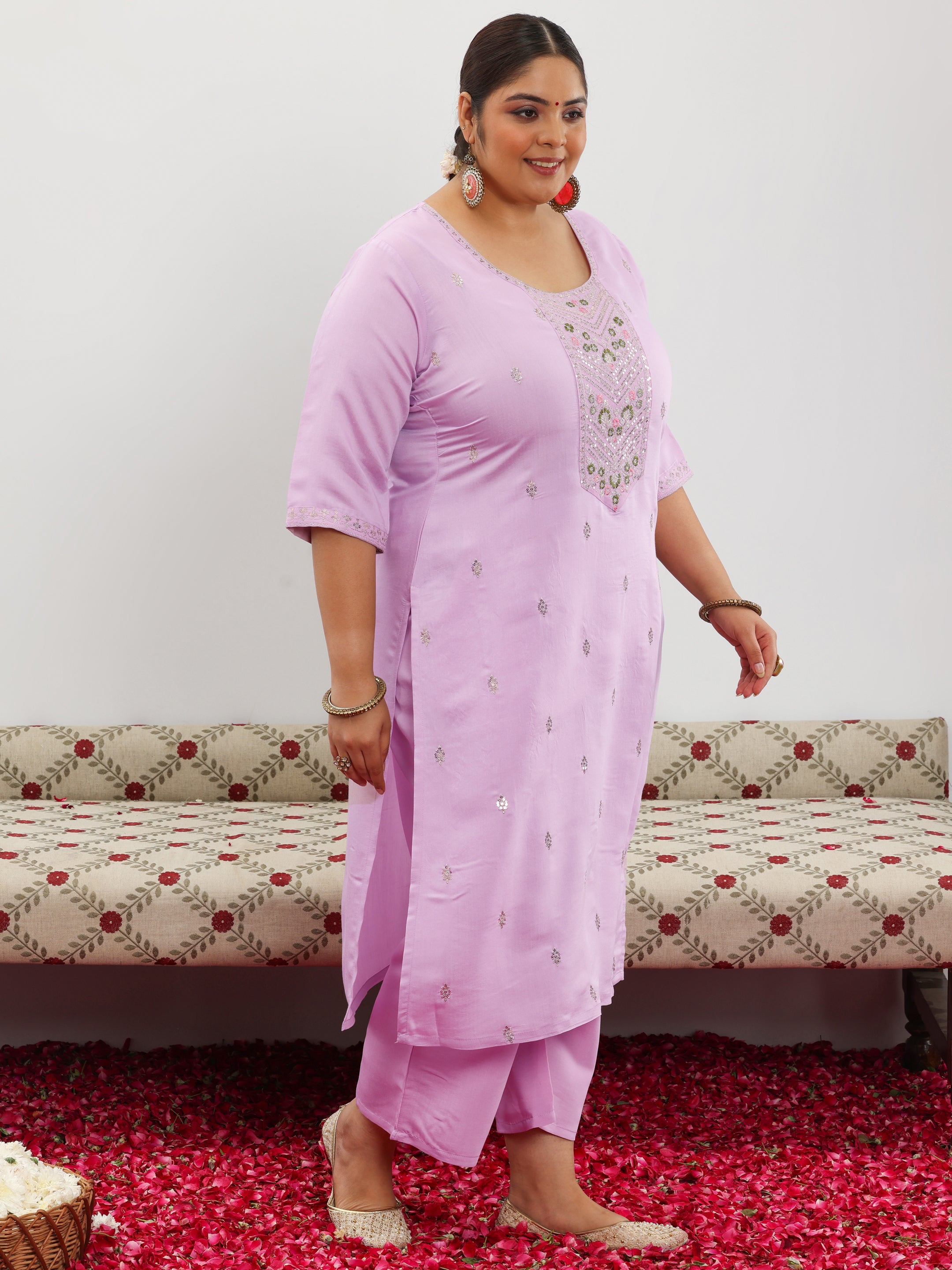 Plus Size Lilac Embroidered Silk Blend Straight Suit With Dupatta