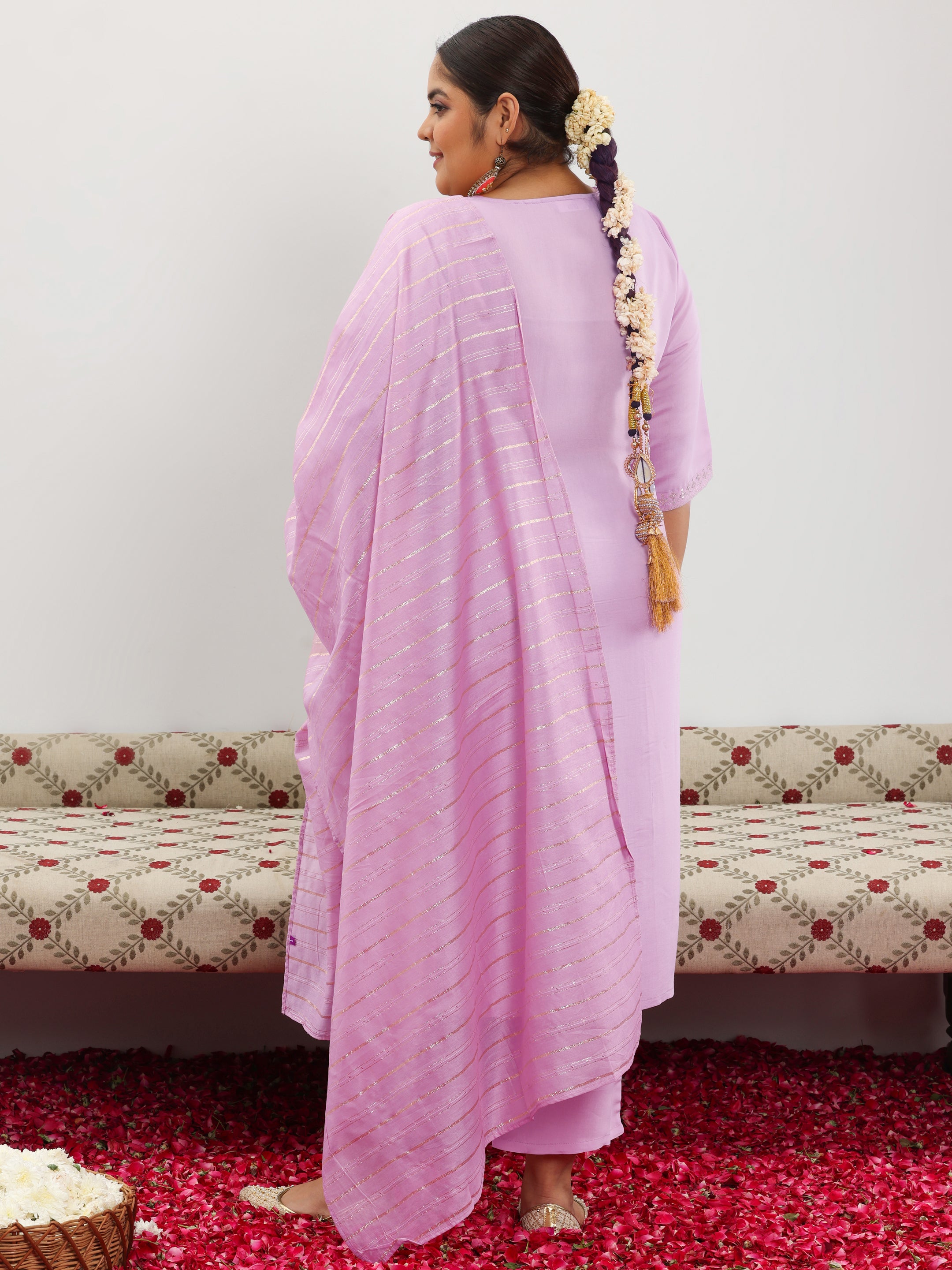 Plus Size Lilac Embroidered Silk Blend Straight Suit With Dupatta