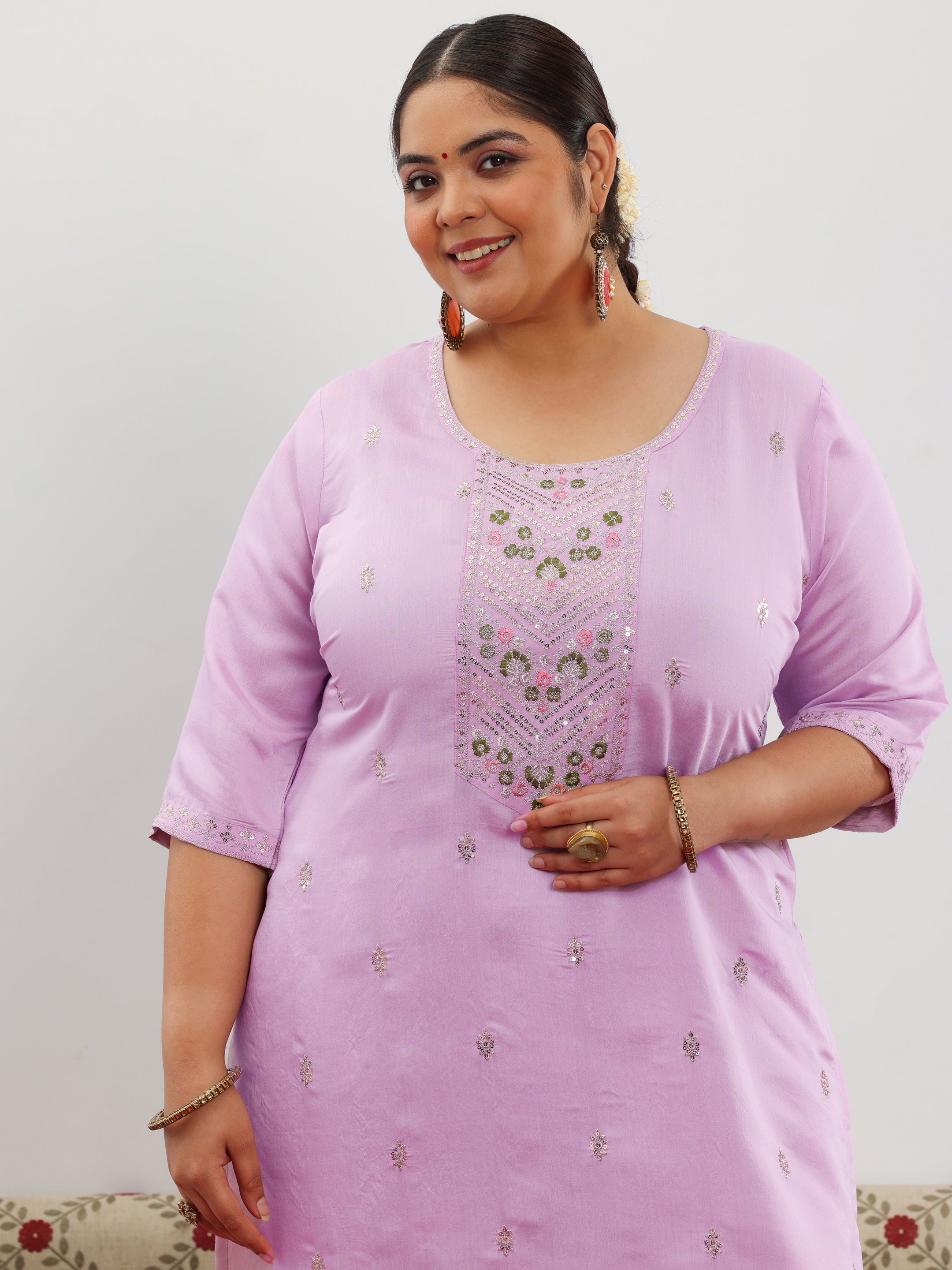 Plus Size Lilac Embroidered Silk Blend Straight Suit With Dupatta