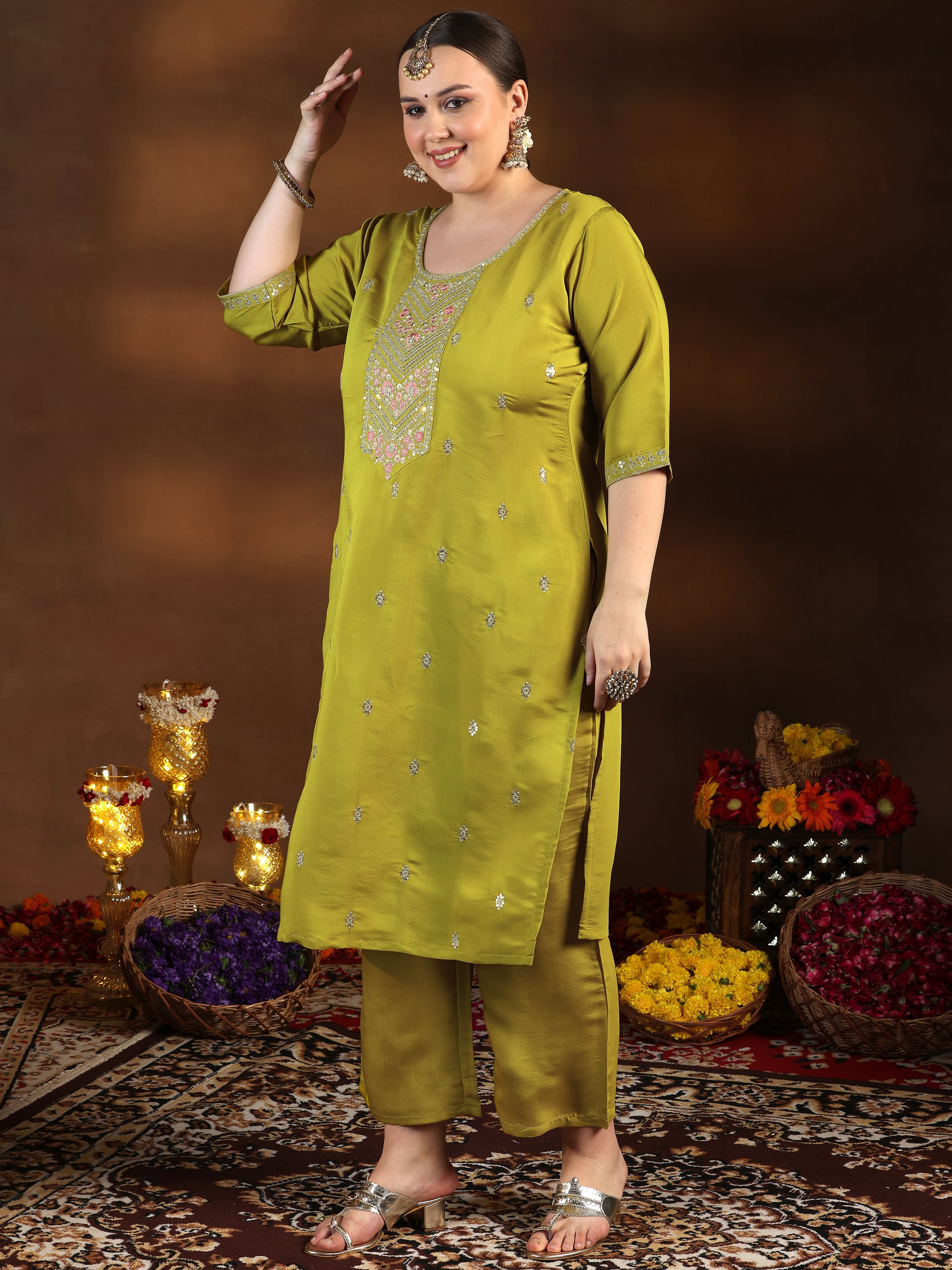 Plus Size Yellow Embroidered Silk Blend Straight Suit With Dupatta