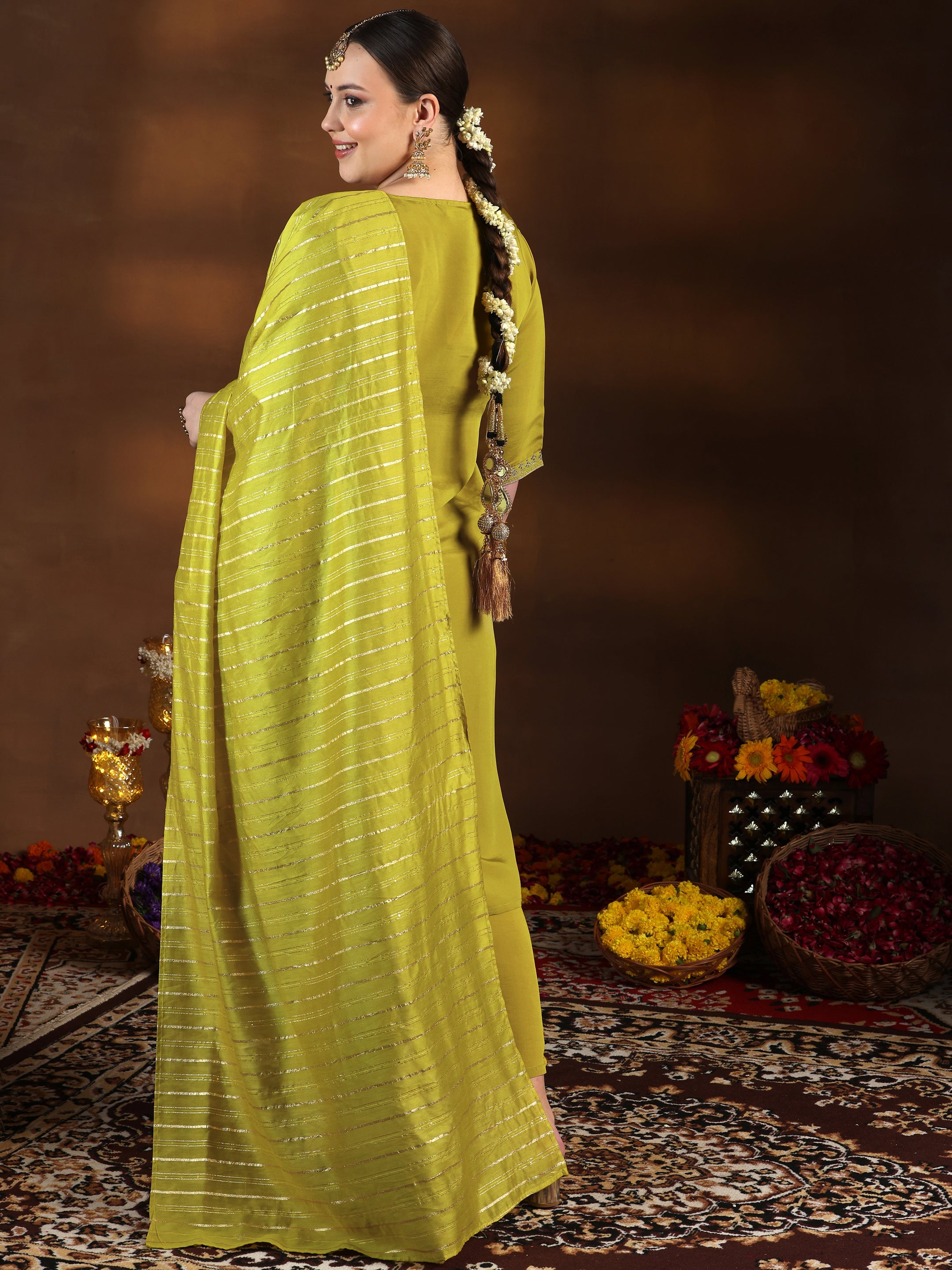 Plus Size Yellow Embroidered Silk Blend Straight Suit With Dupatta