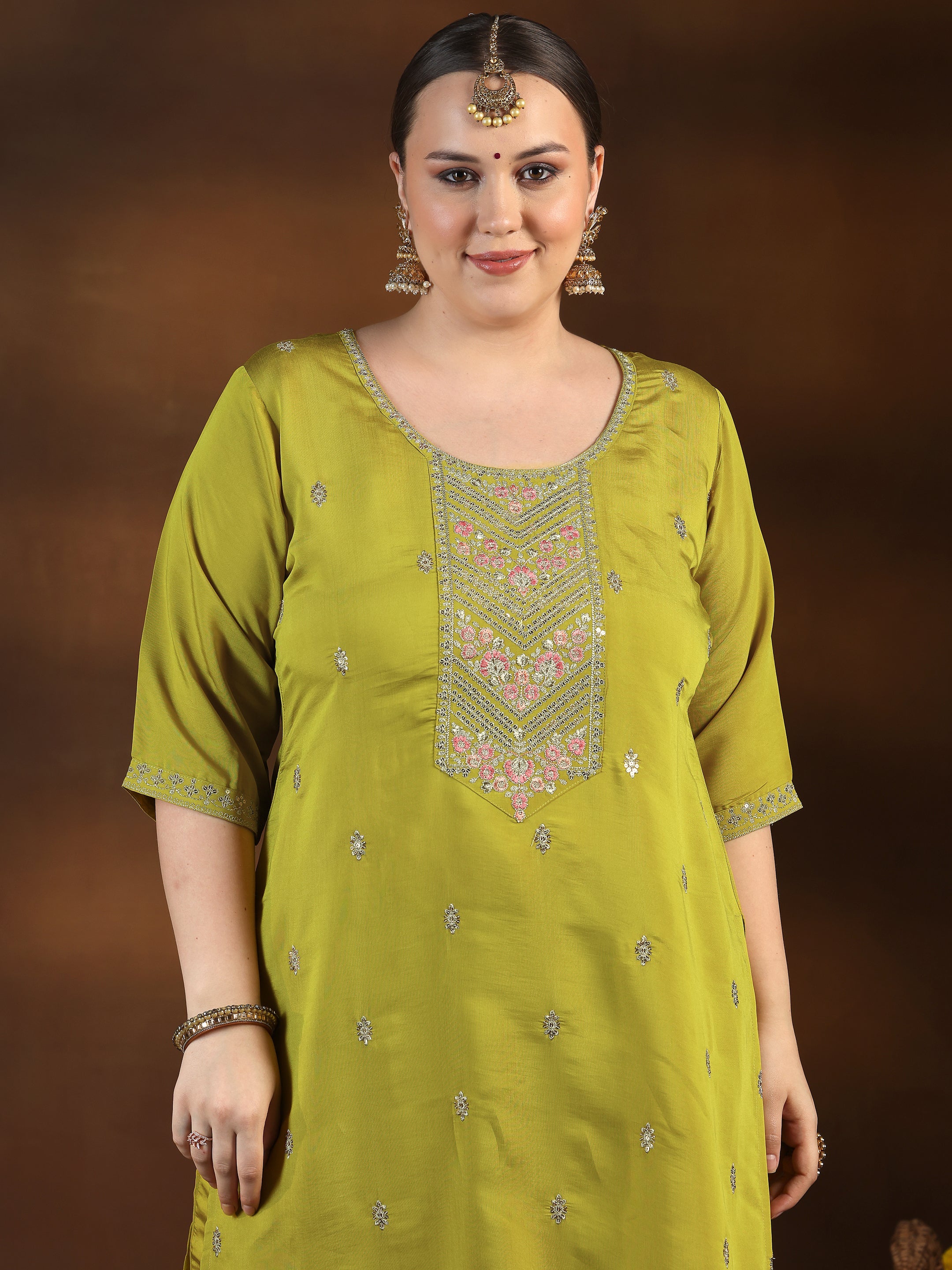 Plus Size Yellow Embroidered Silk Blend Straight Suit With Dupatta