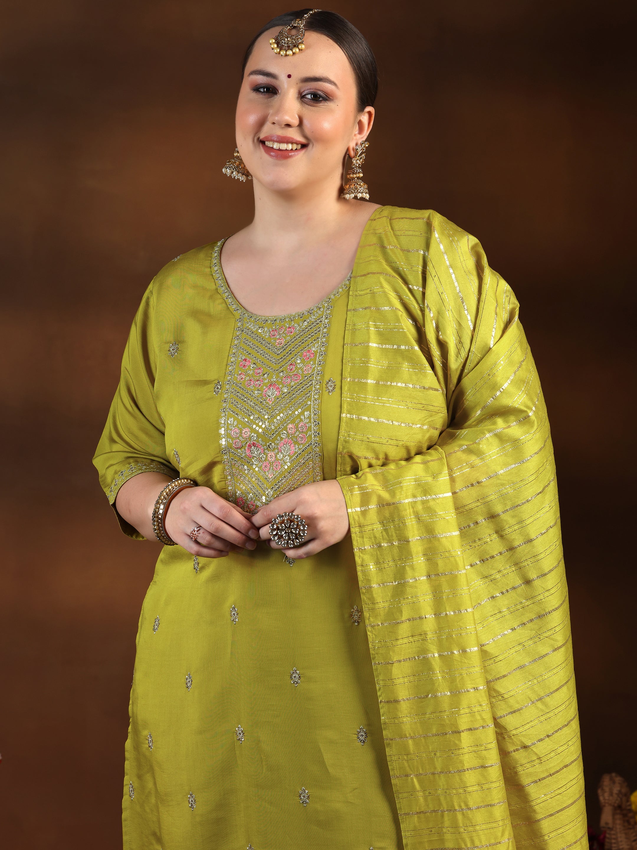 Plus Size Yellow Embroidered Silk Blend Straight Suit With Dupatta