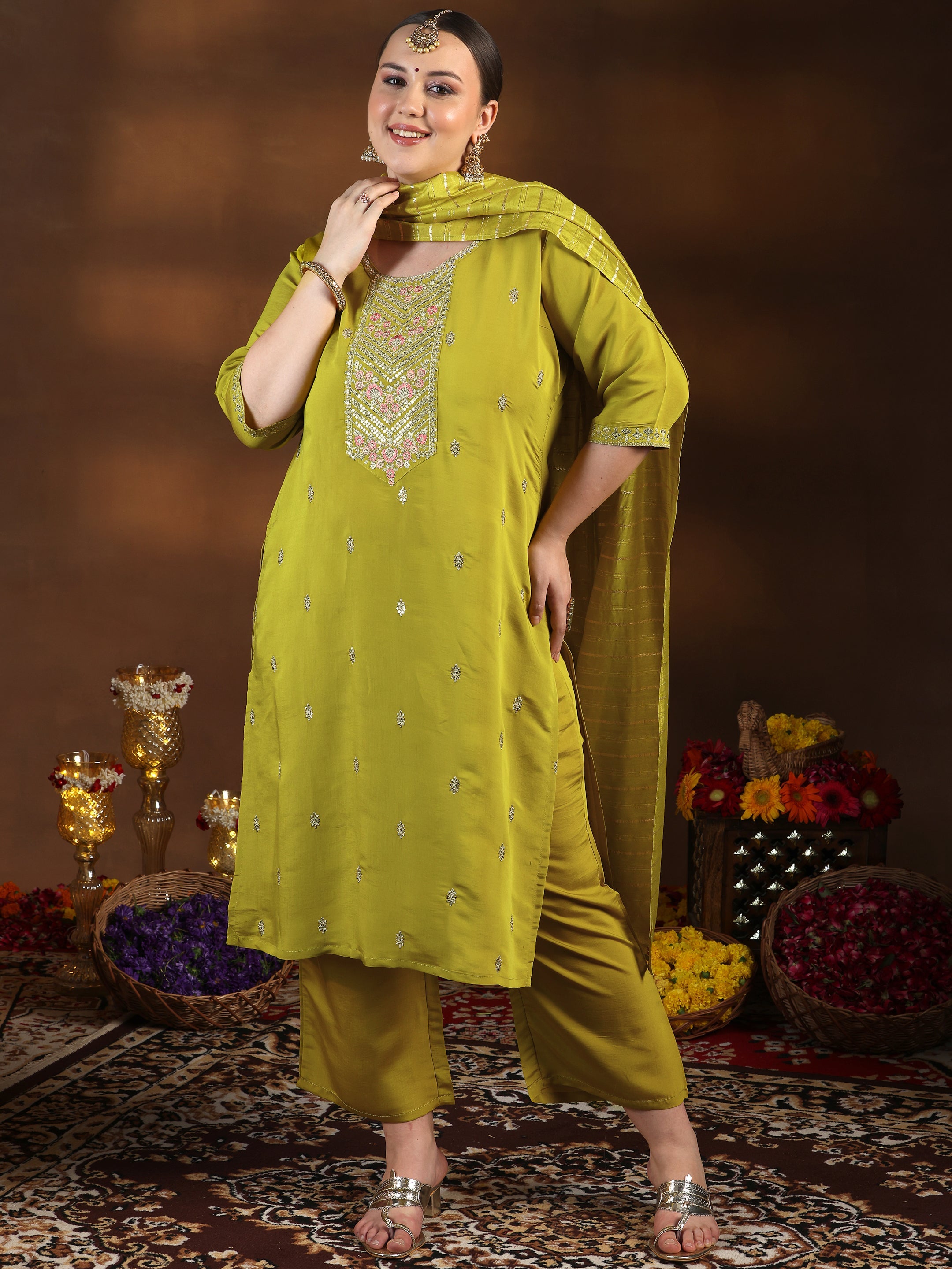 Plus Size Yellow Embroidered Silk Blend Straight Suit With Dupatta