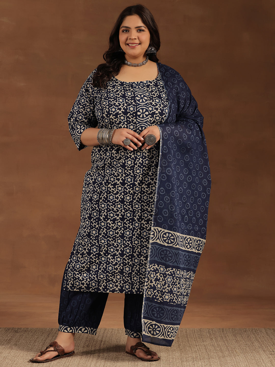 Buy Plus Size Blue Printed Cotton Straight Suit With Dupatta Online 