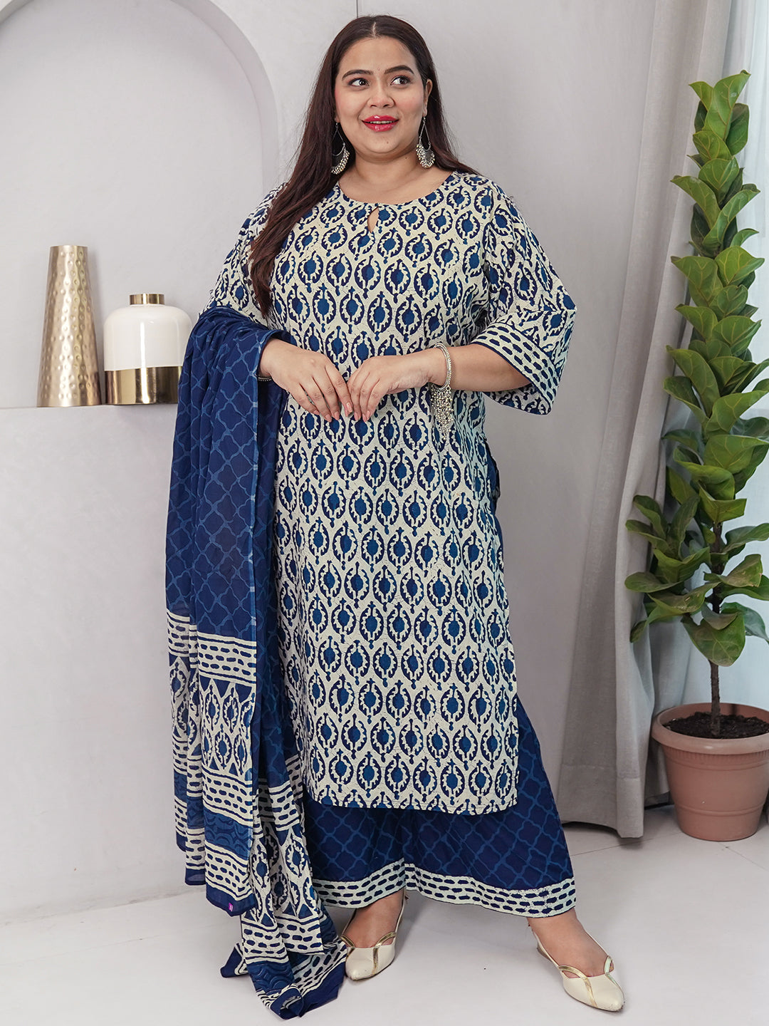 Plus Size Blue Printed Cotton Straight Suit With Dupatta