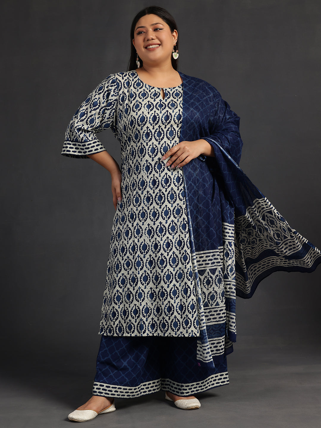 Plus Size Blue Printed Cotton Straight Suit With Dupatta