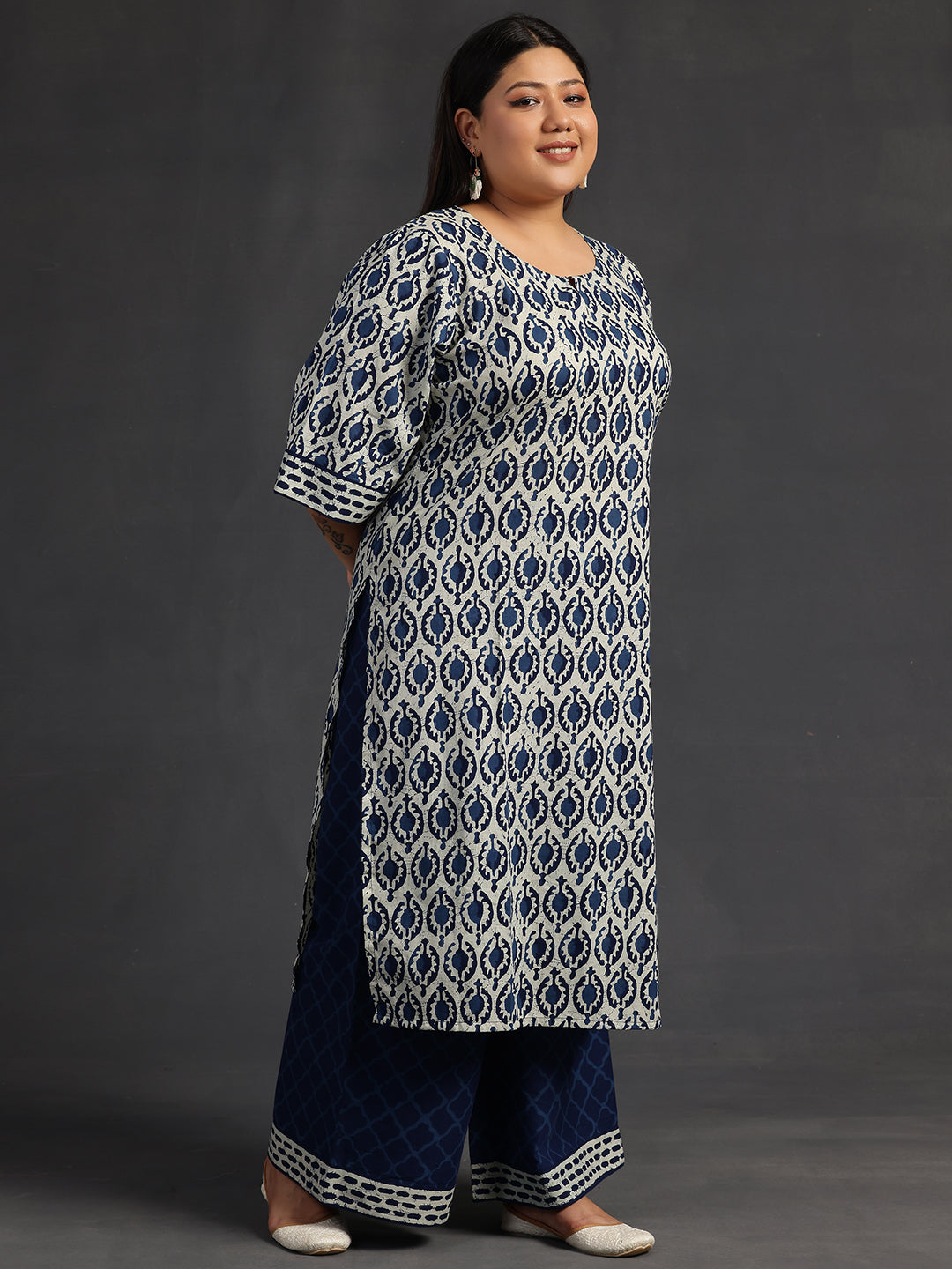 Plus Size Blue Printed Cotton Straight Suit With Dupatta