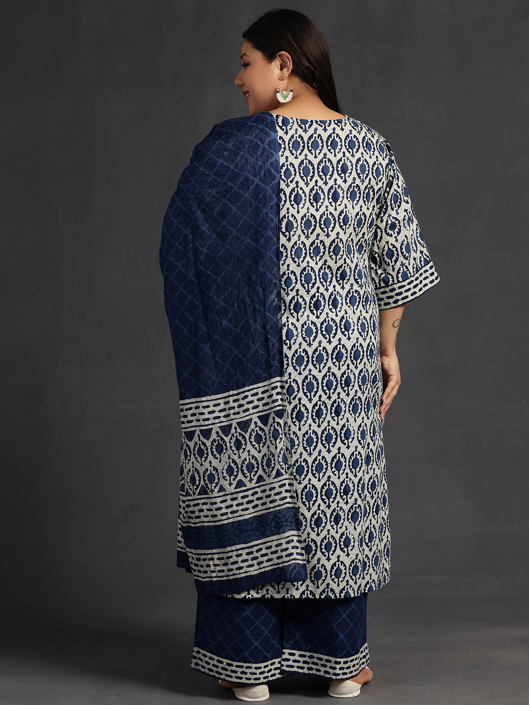 Plus Size Blue Printed Cotton Straight Suit With Dupatta